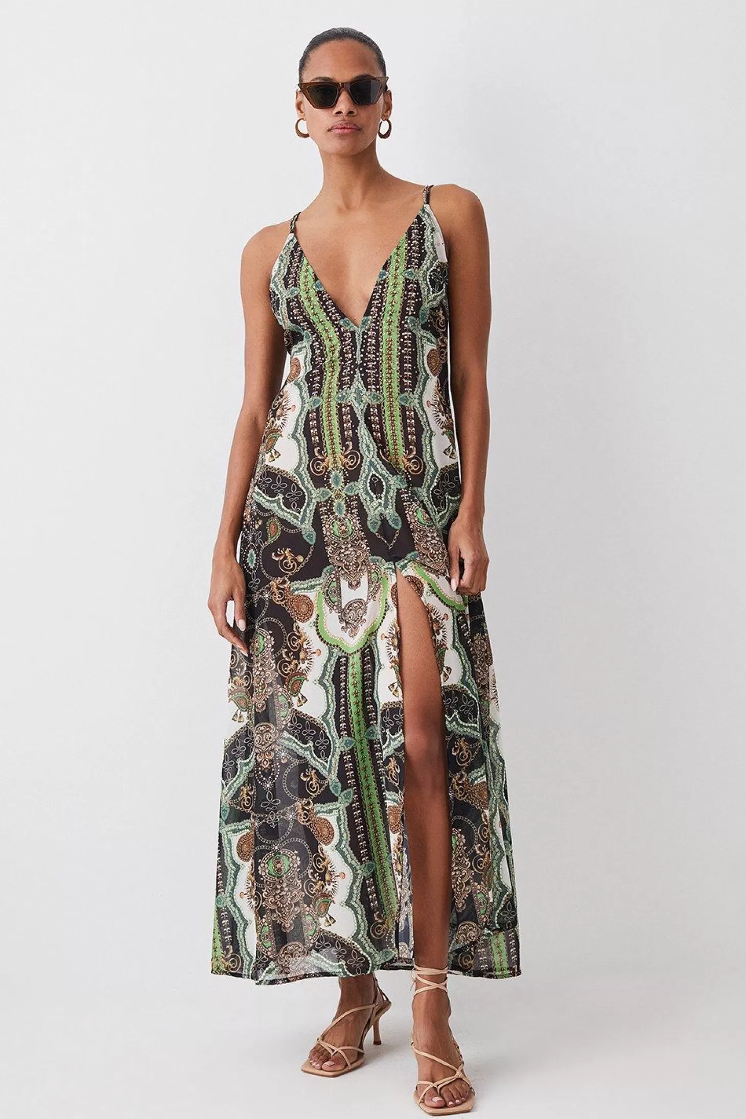 Karen Millen Placed Print Embellished Strappy Beach Maxi Dress