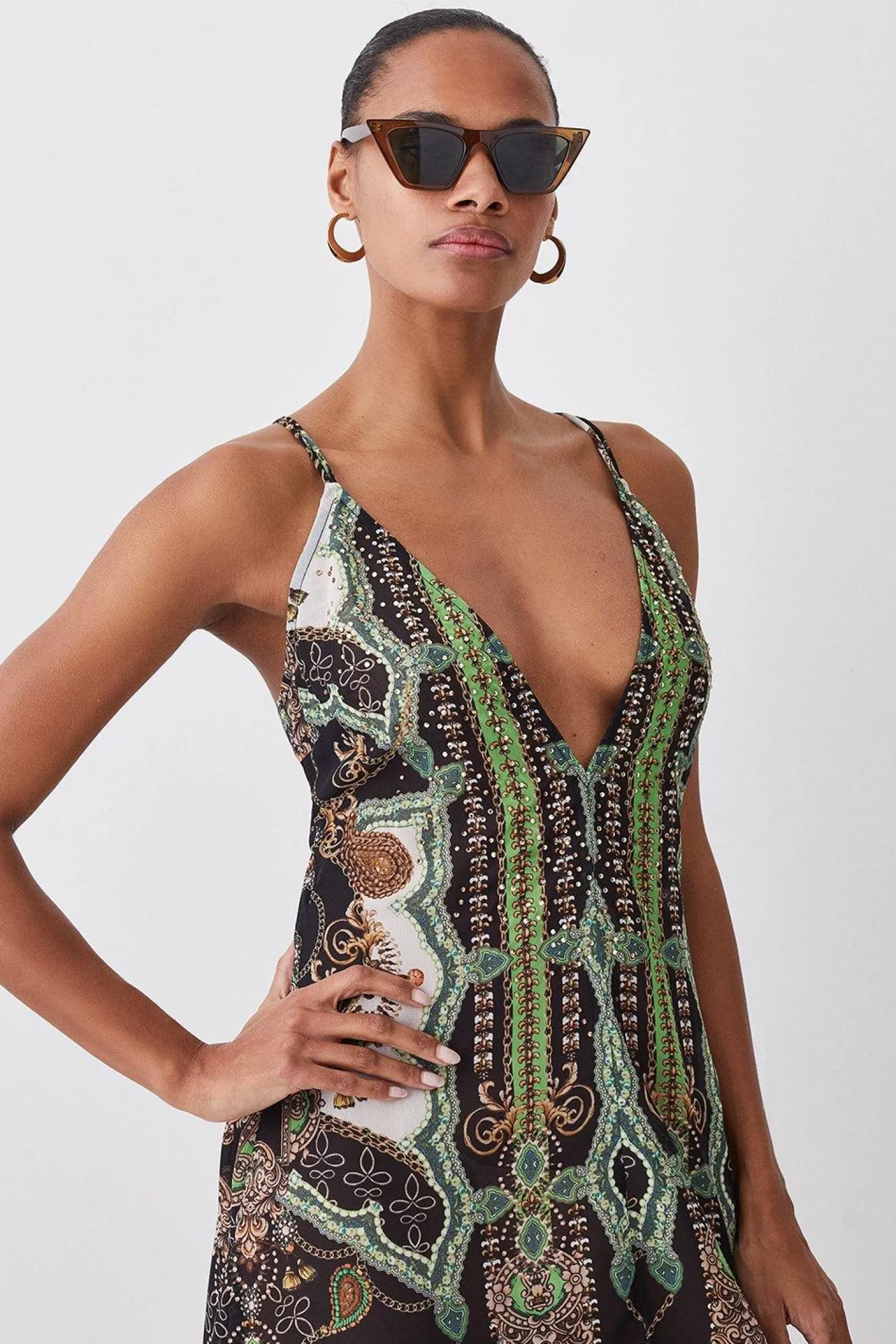 Karen Millen Placed Print Embellished Strappy Beach Maxi Dress