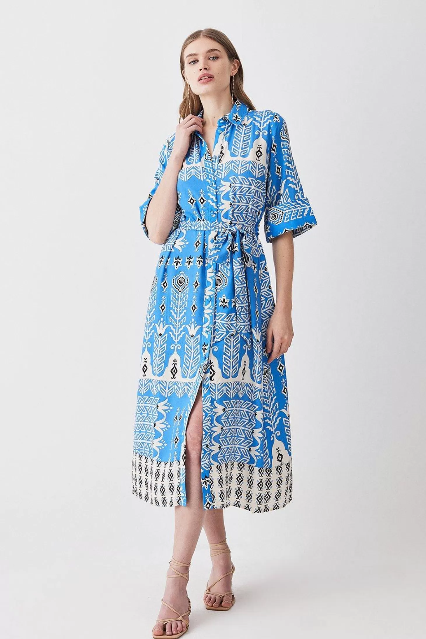 Karen Millen Placement Printed Woven Midi Belted Shirt Dress