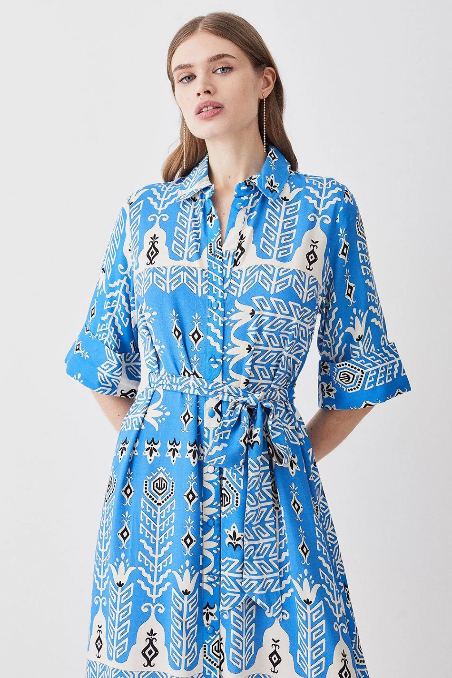 Karen Millen Placement Printed Woven Midi Belted Shirt Dress