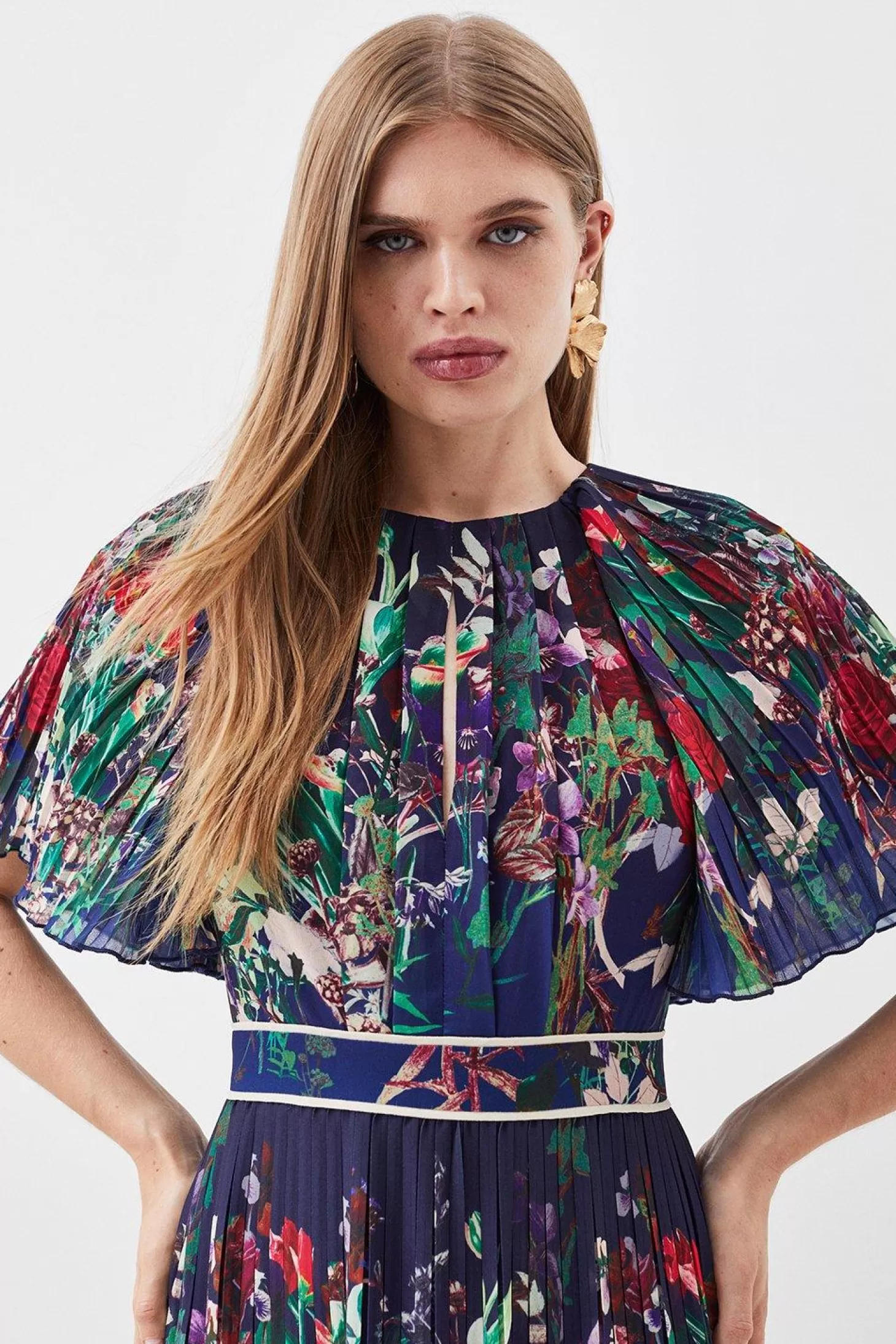 Karen Millen Pleat Detail Floral Woven Midaxi Dress