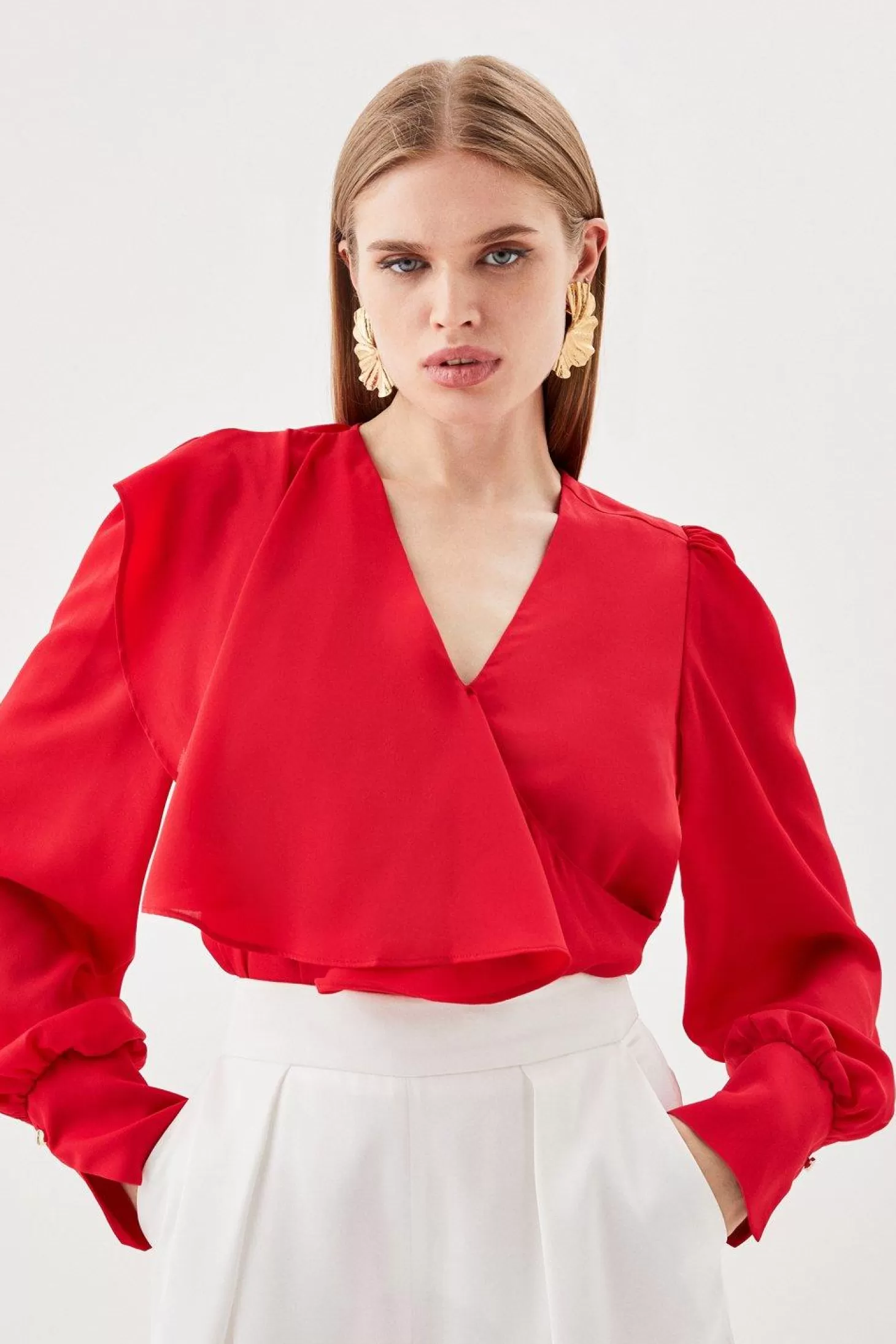 Karen Millen Pleated Georgette Ruffle Long Sleeve Blouse