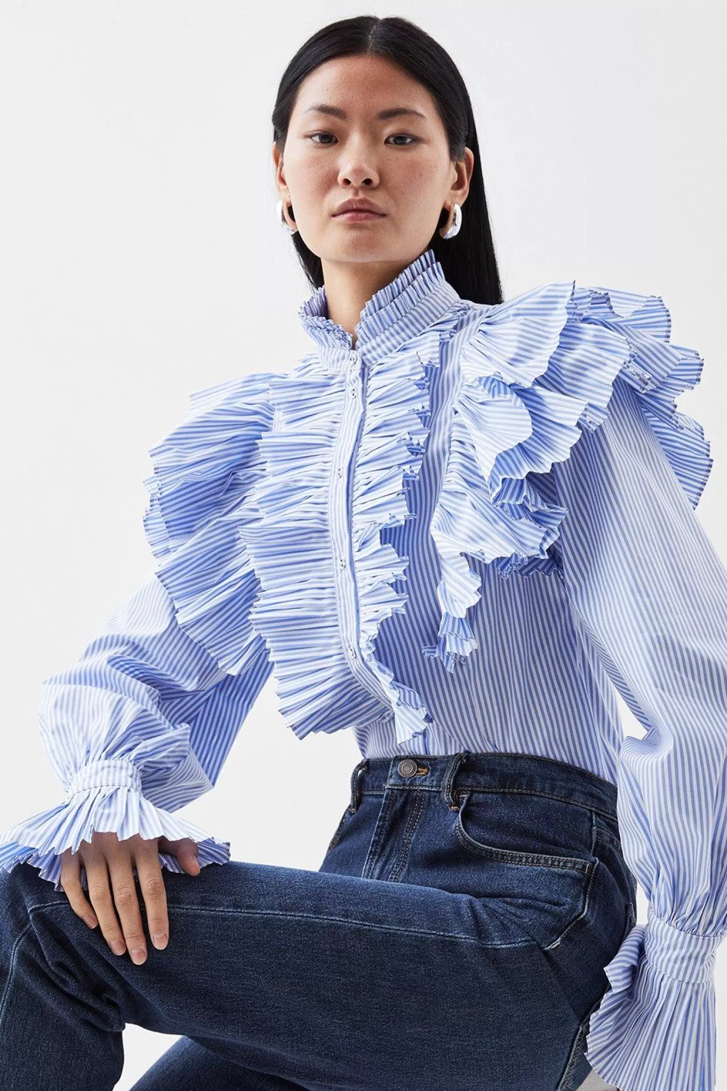 Karen Millen Pleated Striped Ruffle Woven Shirt