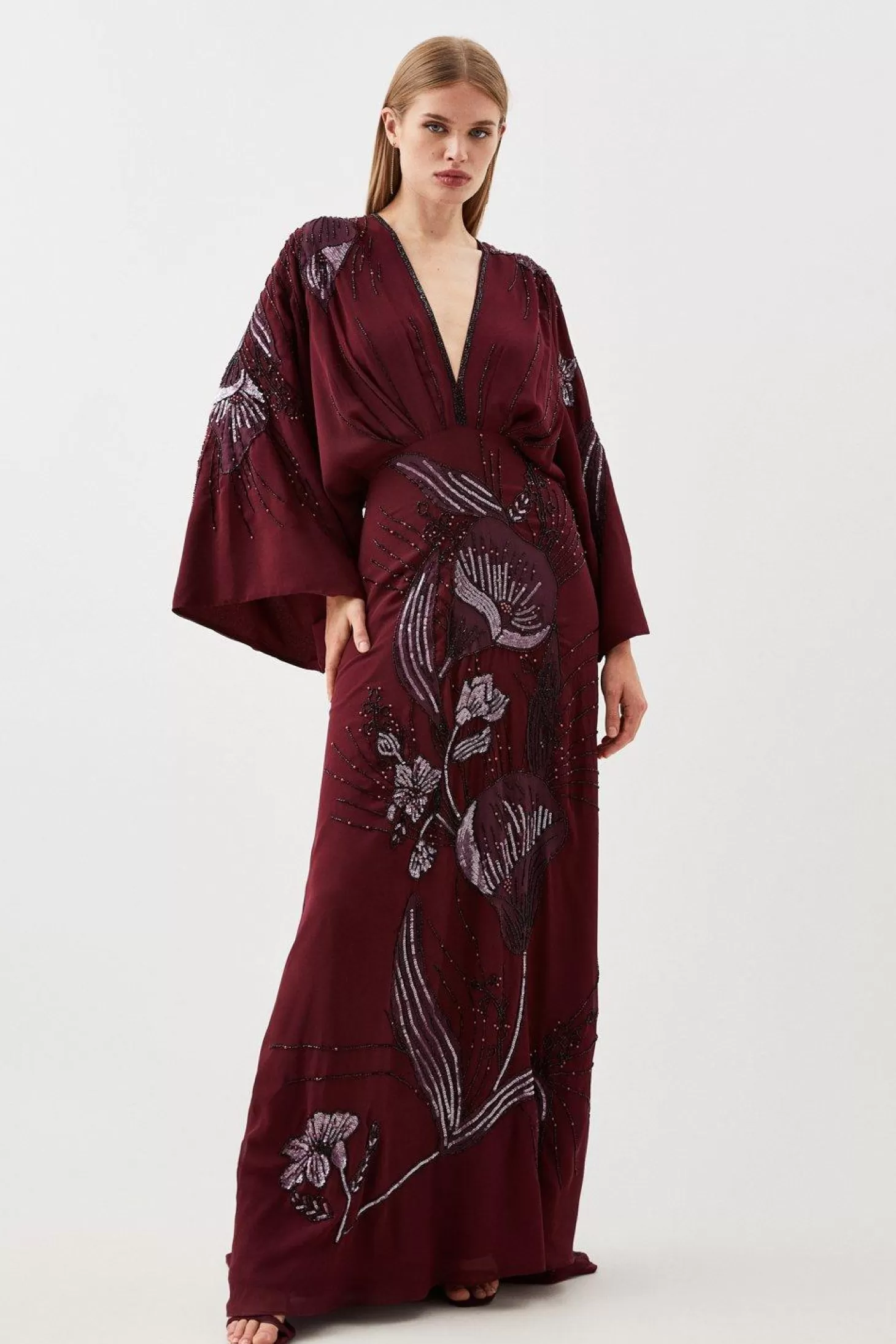 Karen Millen Plunge Embellished Woven Kimono Sleeve Maxi Dress