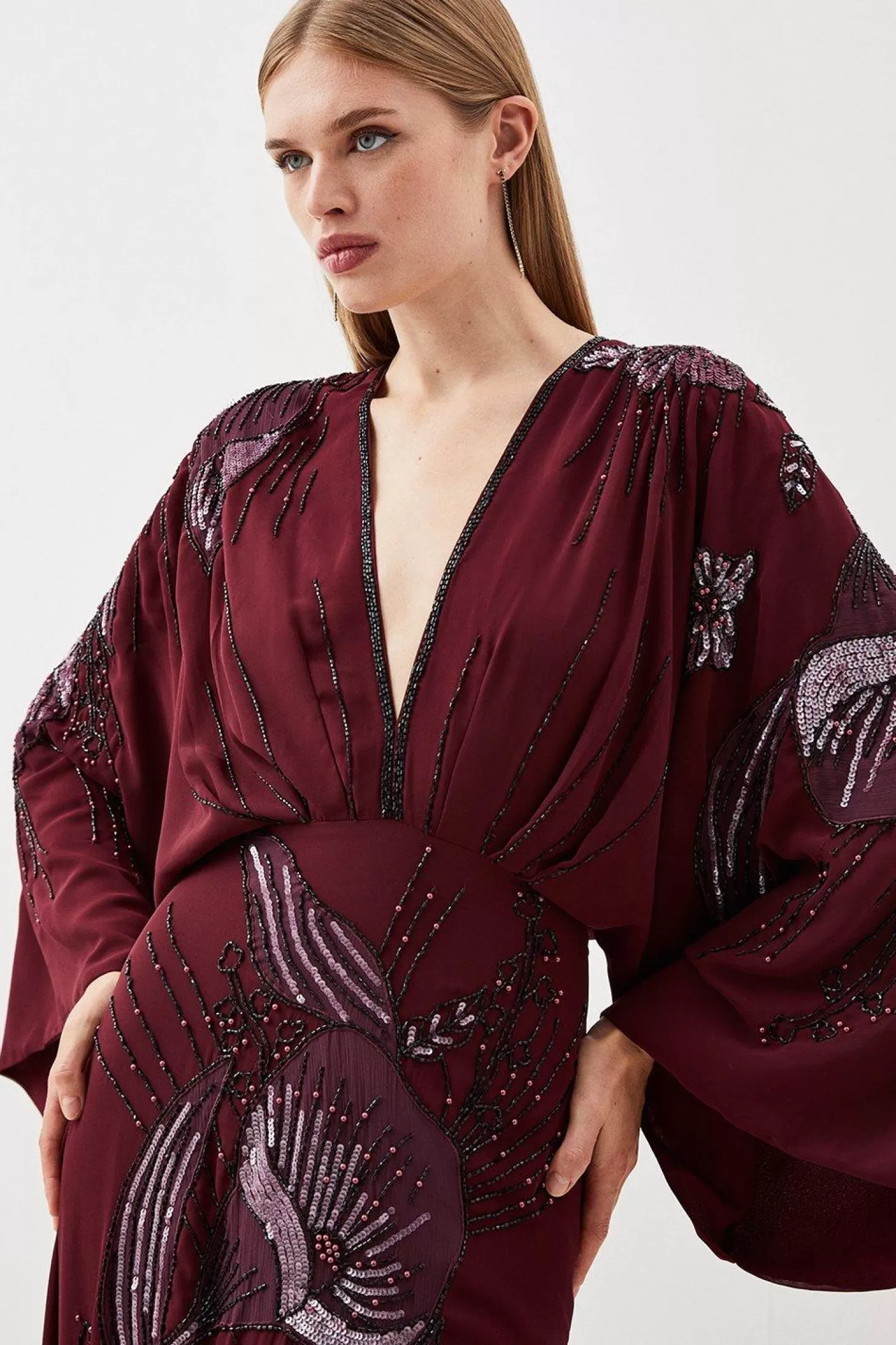 Karen Millen Plunge Embellished Woven Kimono Sleeve Maxi Dress