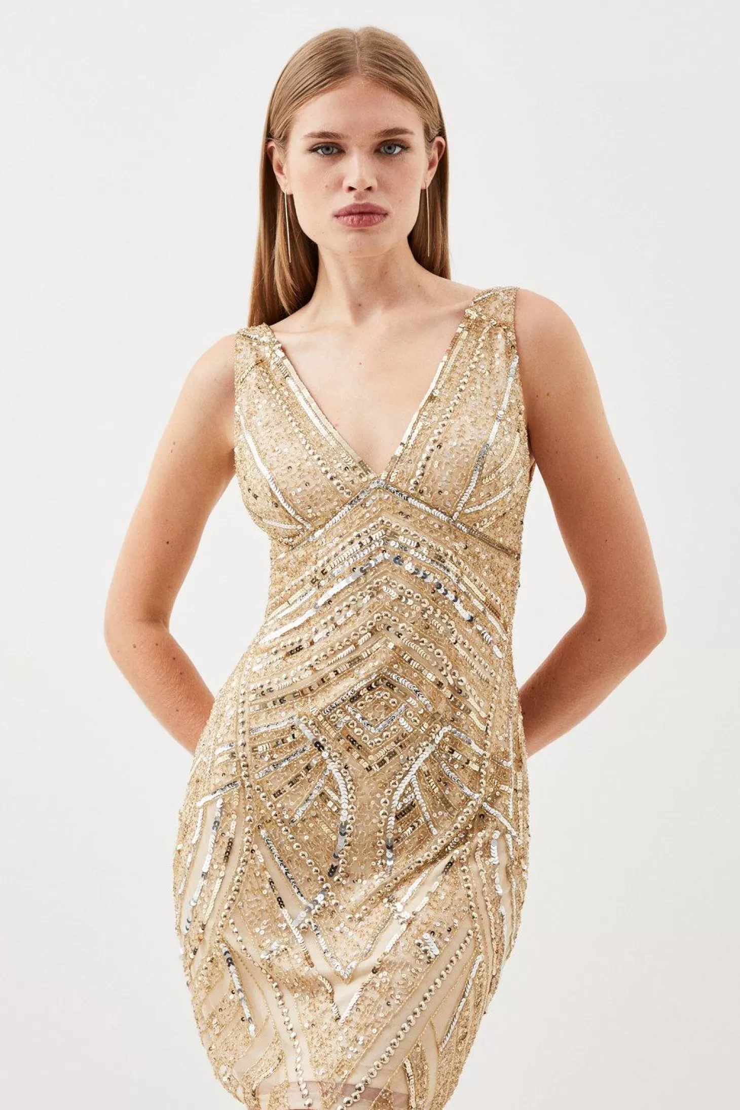 Karen Millen Plunge Strappy Embellished Woven Mini Dress