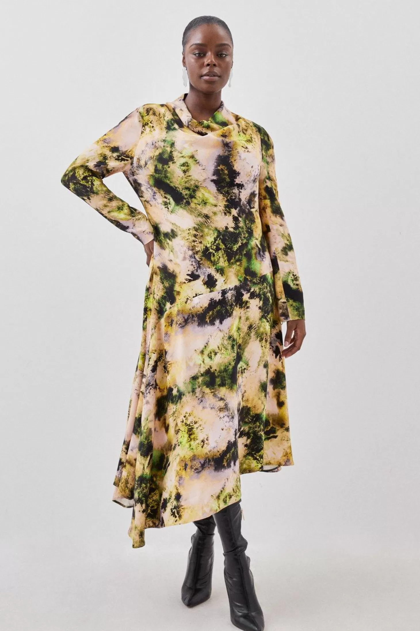 Karen Millen Plus Size Abstract Print Satin Asymmetric Woven Maxi Dress