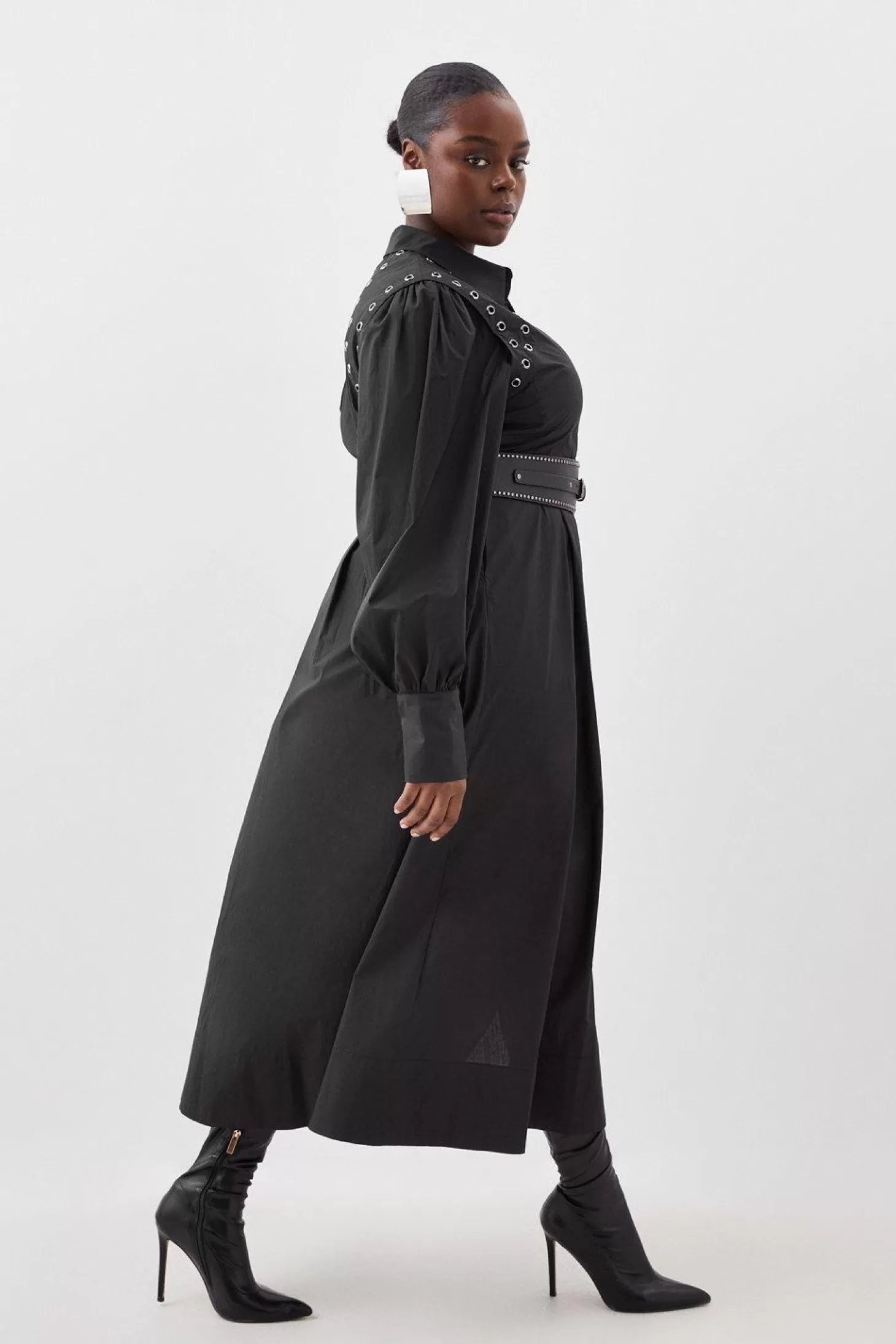 Karen Millen Plus Size Cotton Eyelet Belted Long Sleeve Woven Maxi Dress