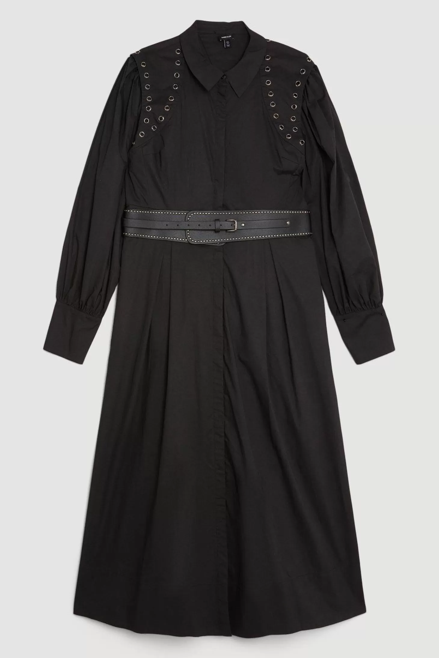 Karen Millen Plus Size Cotton Eyelet Belted Long Sleeve Woven Maxi Dress