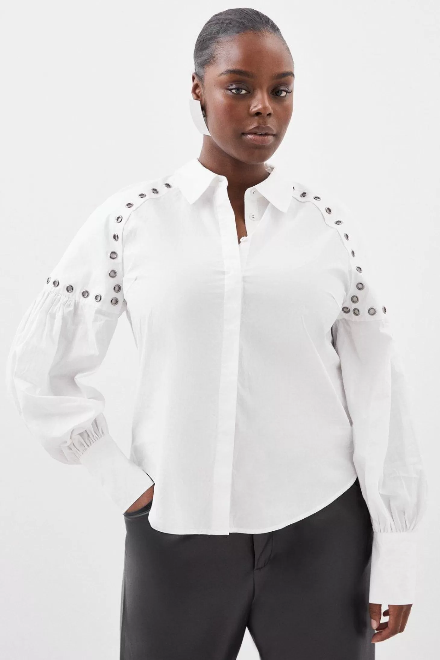 Karen Millen Plus Size Cotton Eyelet Long Sleeve Woven Shirt