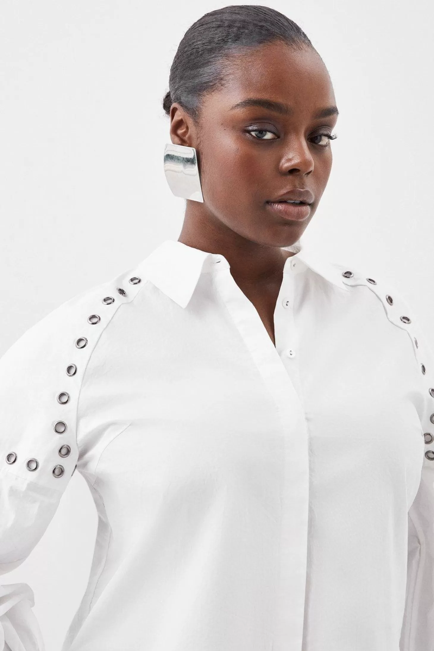 Karen Millen Plus Size Cotton Eyelet Long Sleeve Woven Shirt