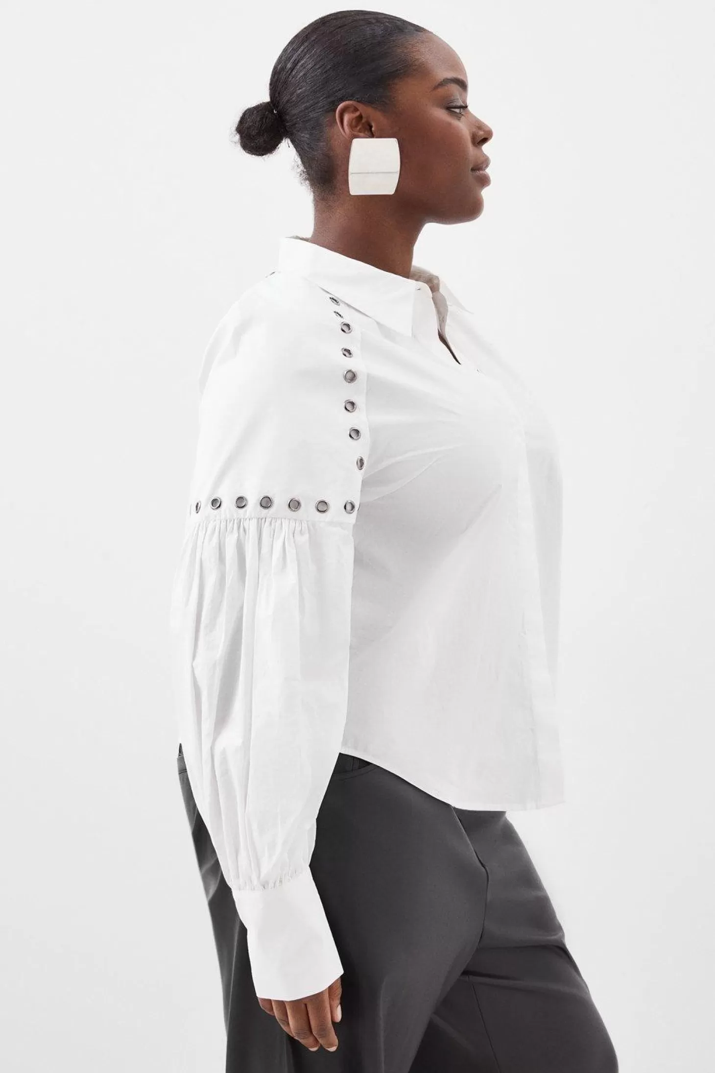 Karen Millen Plus Size Cotton Eyelet Long Sleeve Woven Shirt