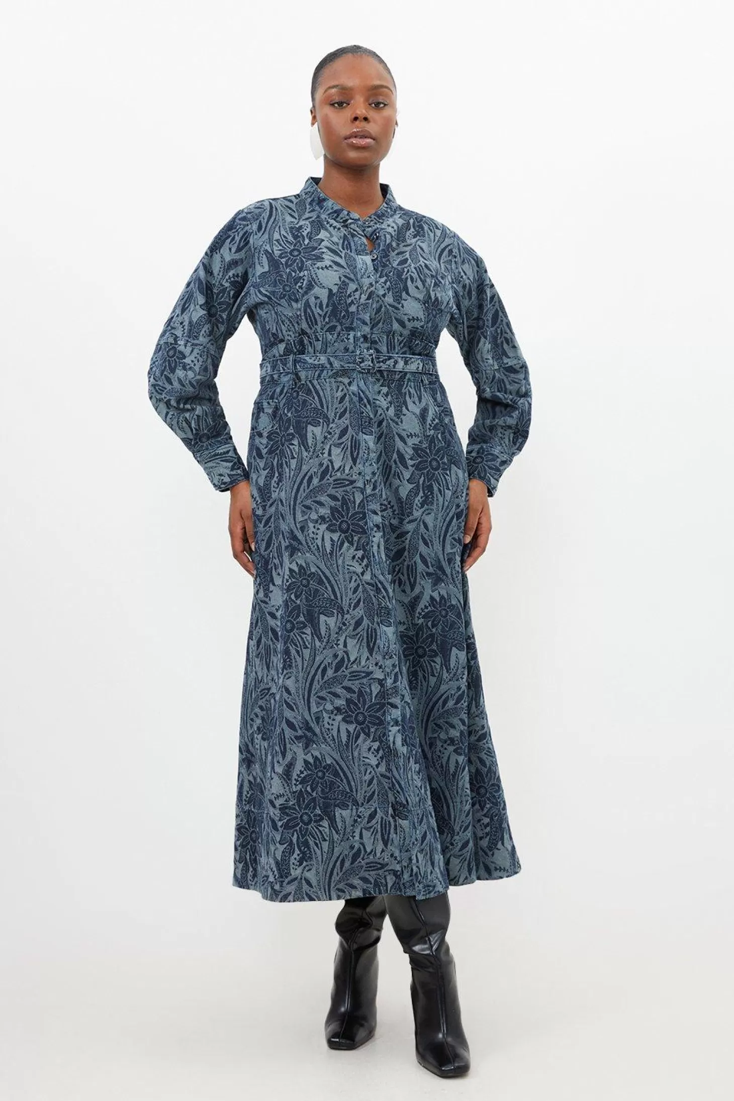 Karen Millen Plus Size Denim Floral Jacquard Woven Midi Dress