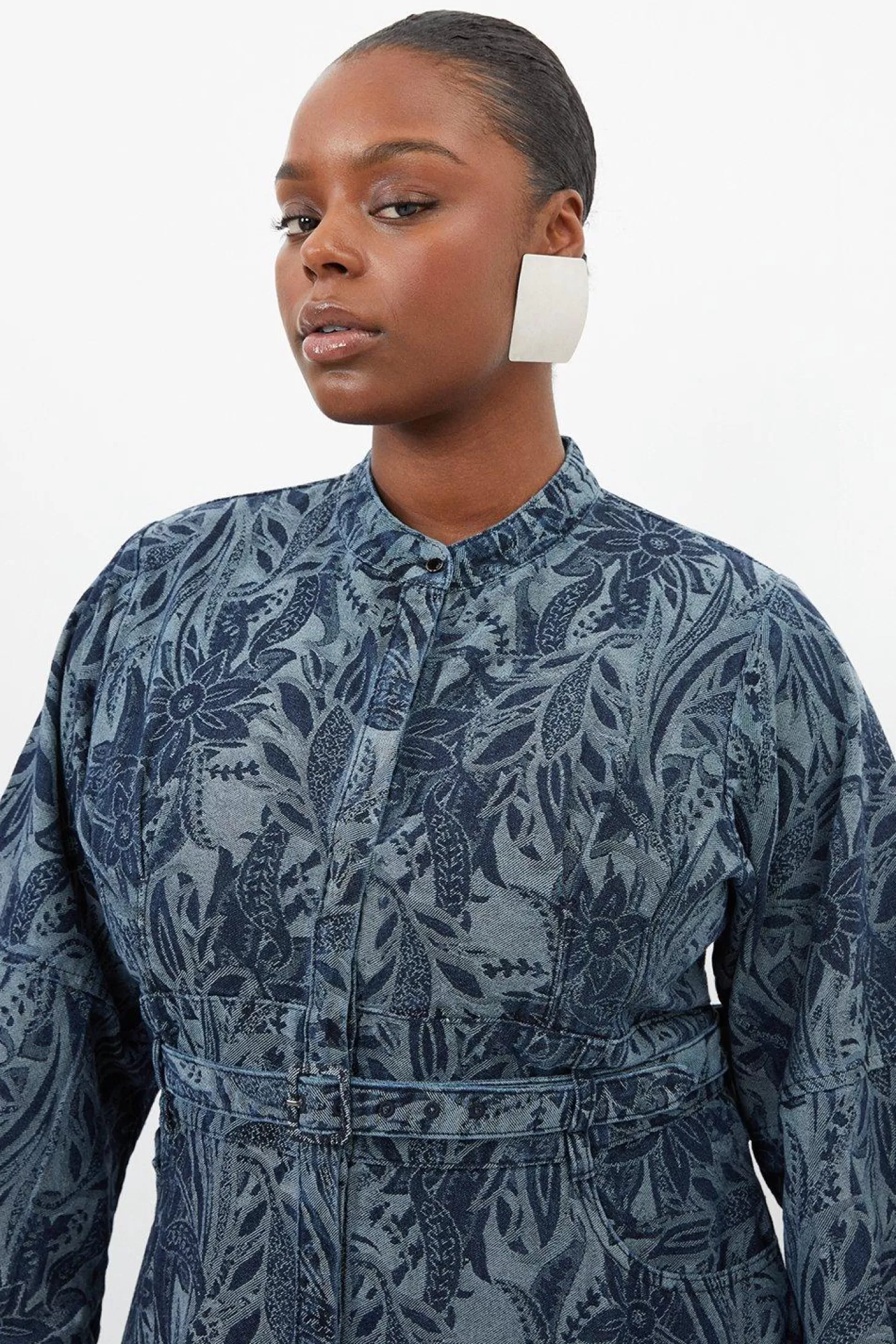 Karen Millen Plus Size Denim Floral Jacquard Woven Midi Dress