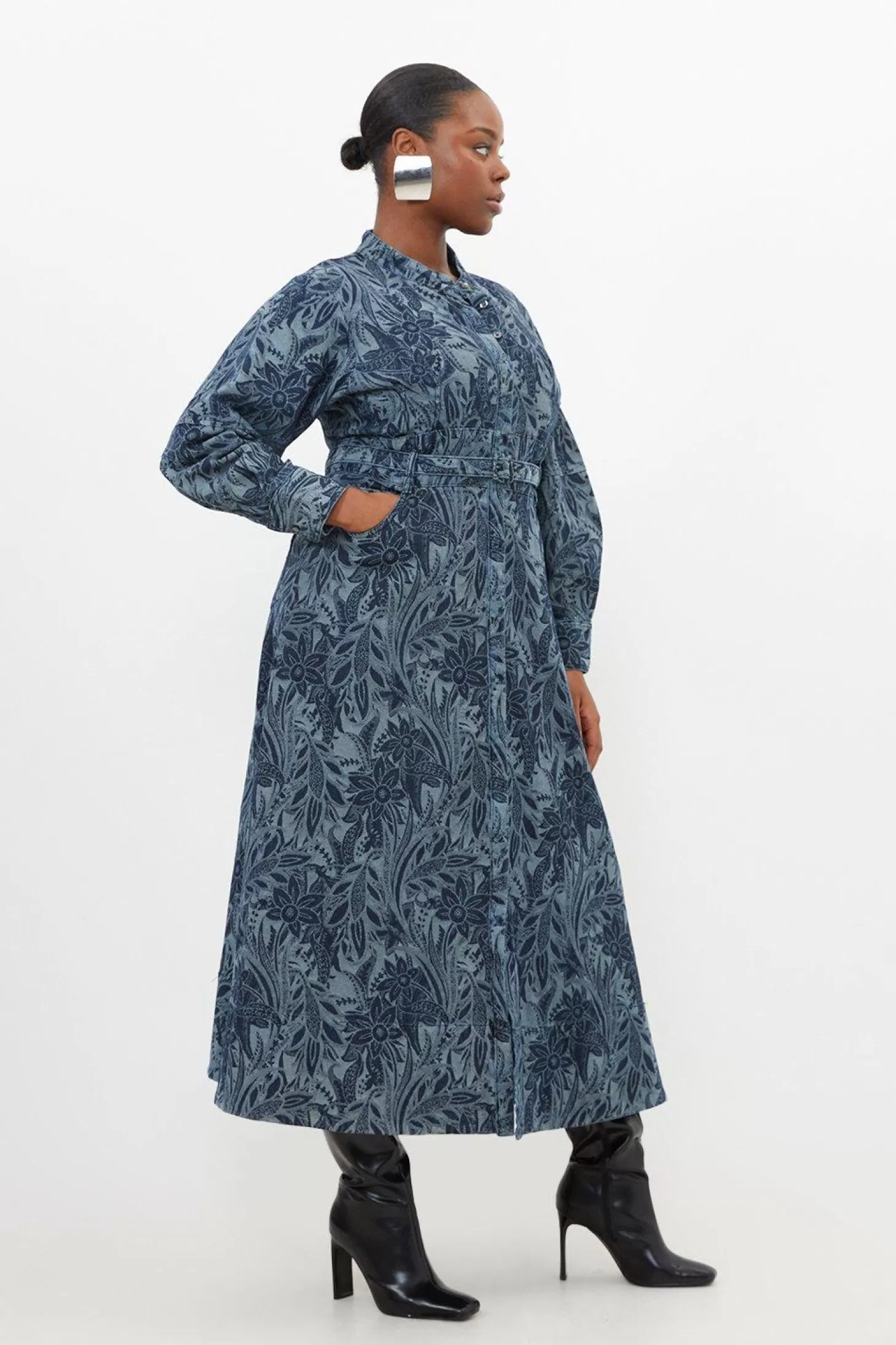 Karen Millen Plus Size Denim Floral Jacquard Woven Midi Dress