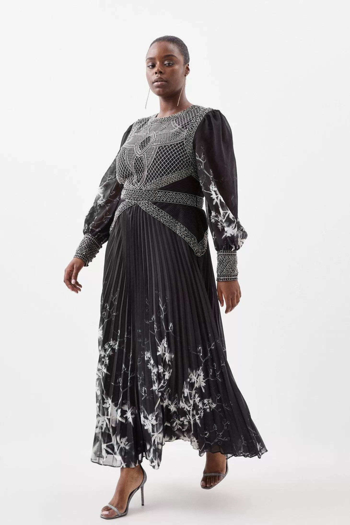 Karen Millen Plus Size Embellished Long Sleeve Pleated Woven Midi Dress