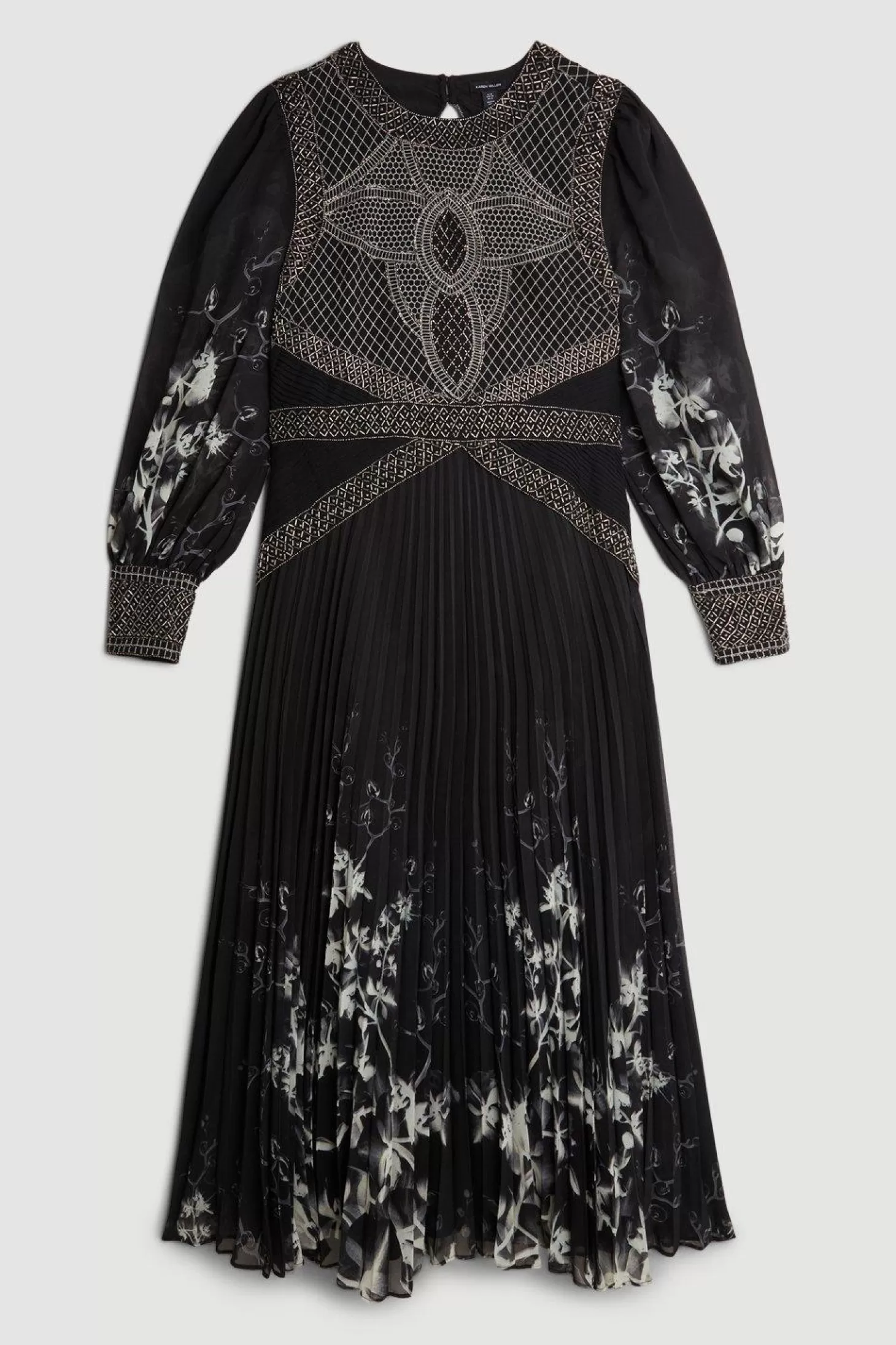 Karen Millen Plus Size Embellished Long Sleeve Pleated Woven Midi Dress