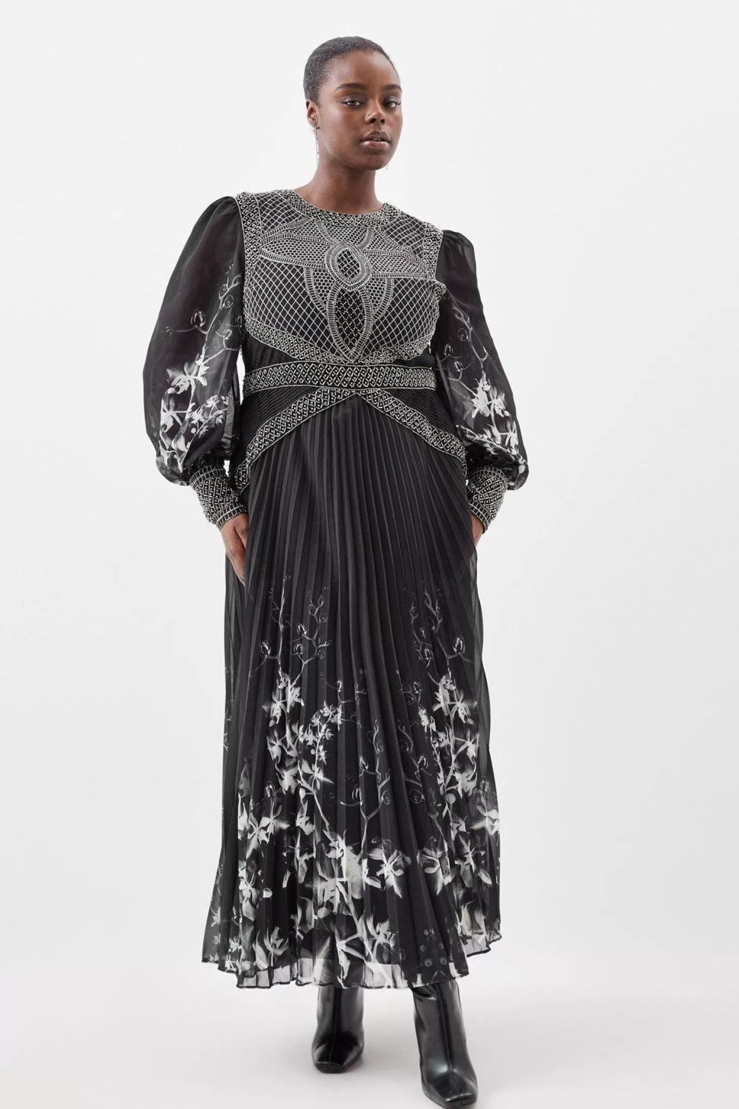 Karen Millen Plus Size Embellished Long Sleeve Pleated Woven Midi Dress
