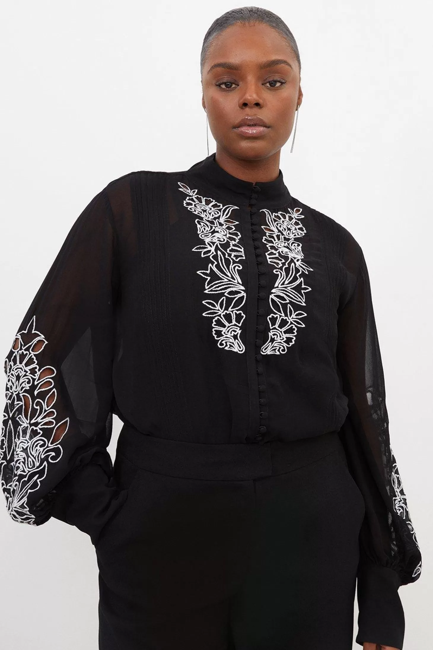 Karen Millen Plus Size Embroidery Bib Detail Woven Blouse