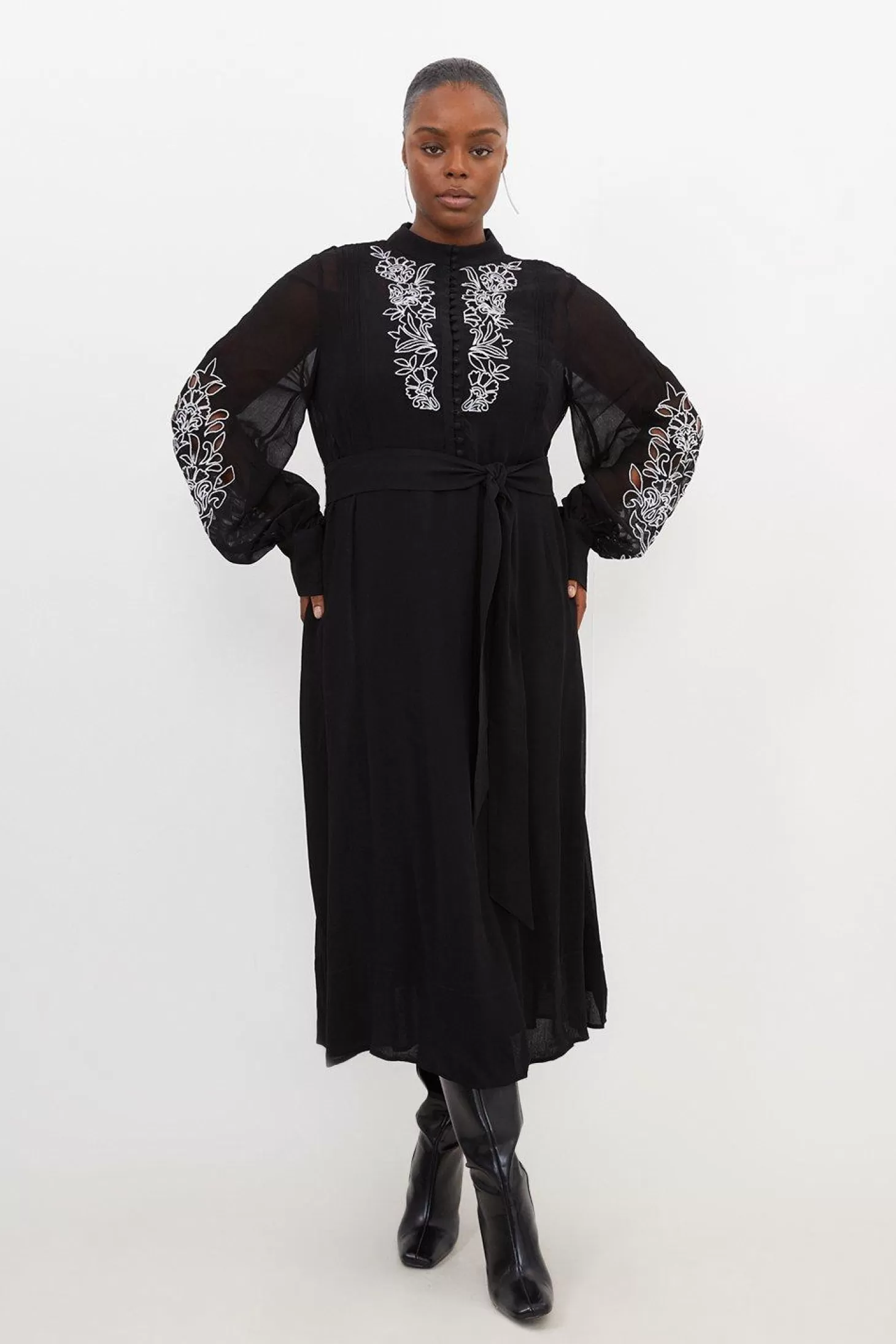 Karen Millen Plus Size Embroidery Bib Detail Woven Maxi Dress