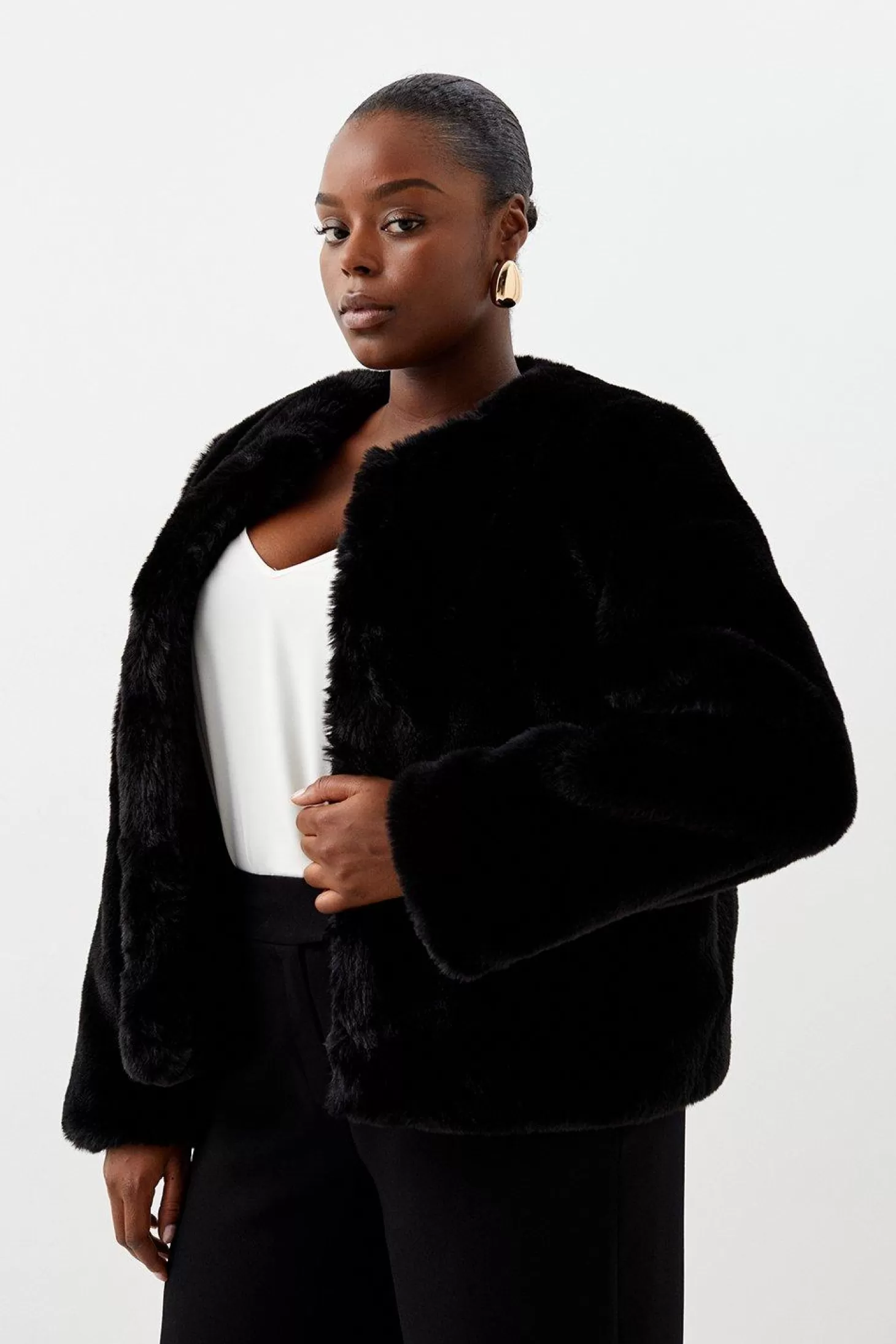 Karen Millen Plus Size Faux Fur Collarless Jacket