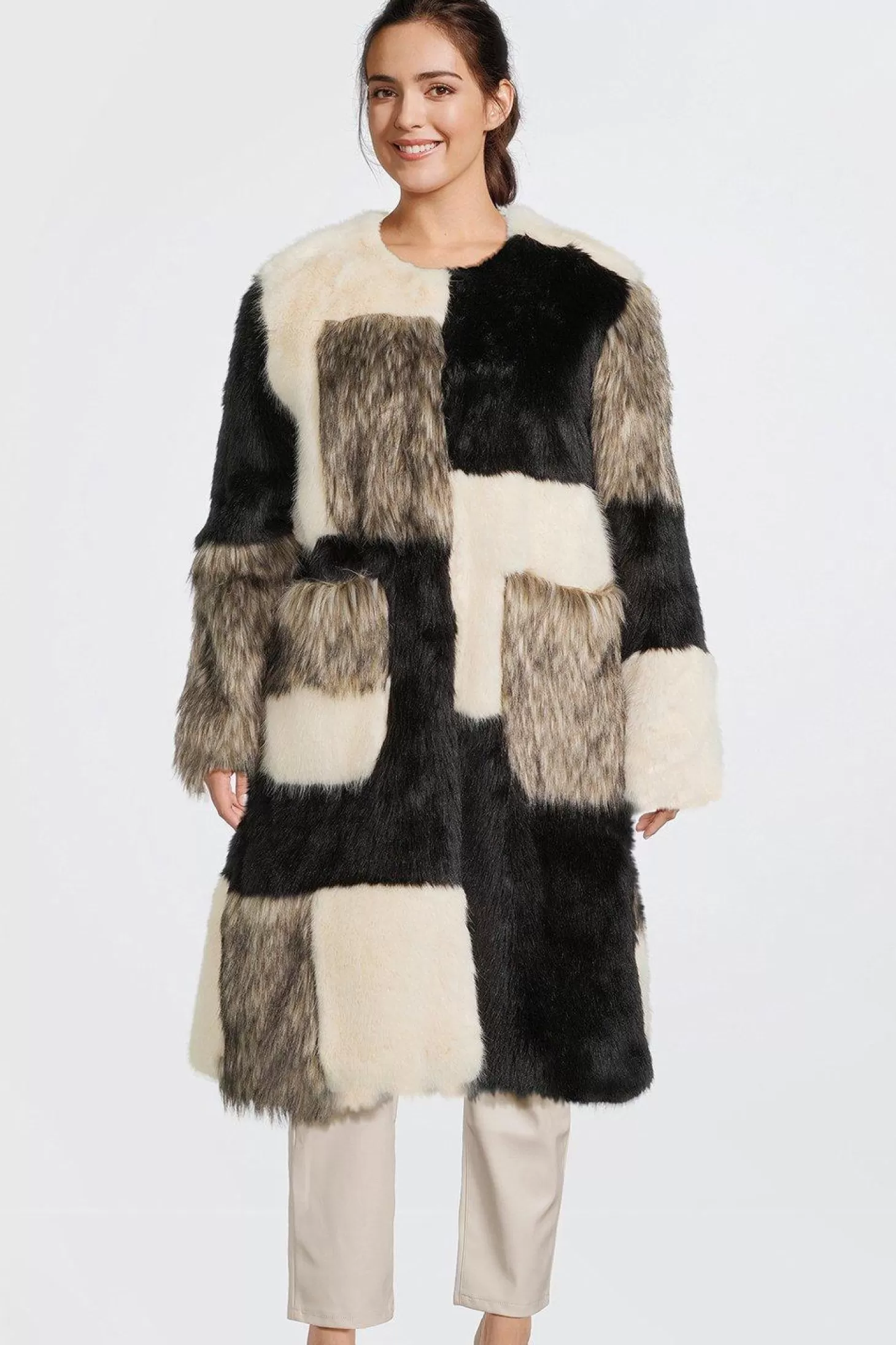 Karen Millen Plus Size Faux Fur Patchwork Contrast Coat