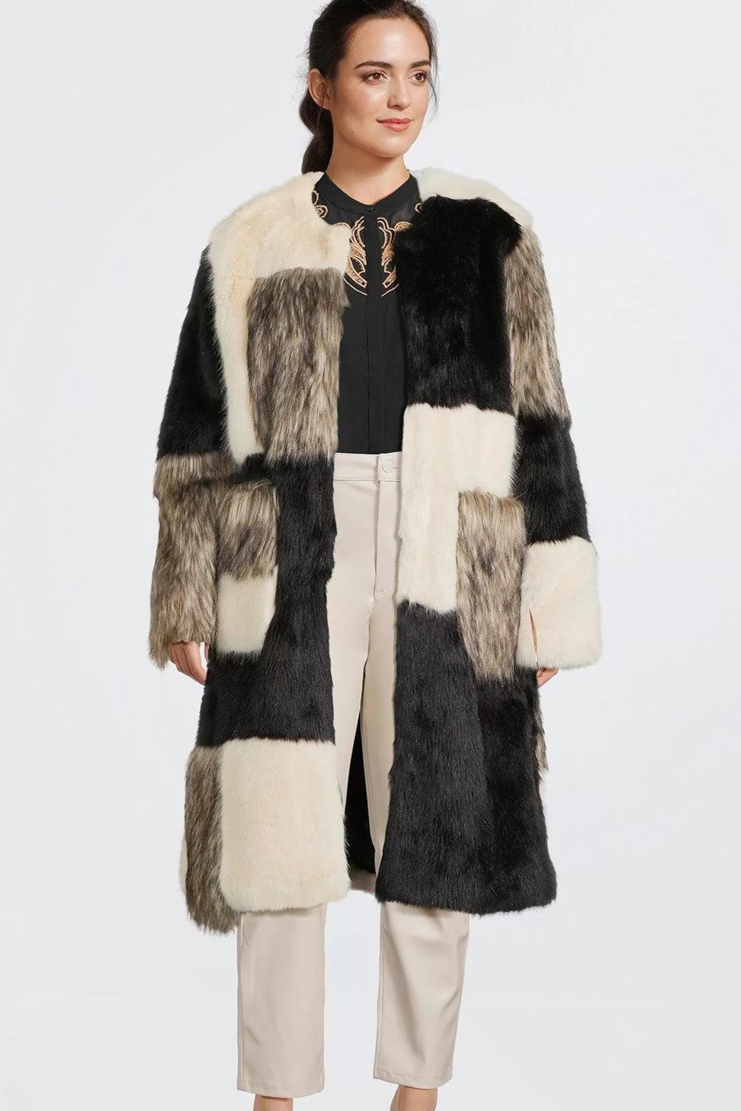 Karen Millen Plus Size Faux Fur Patchwork Contrast Coat