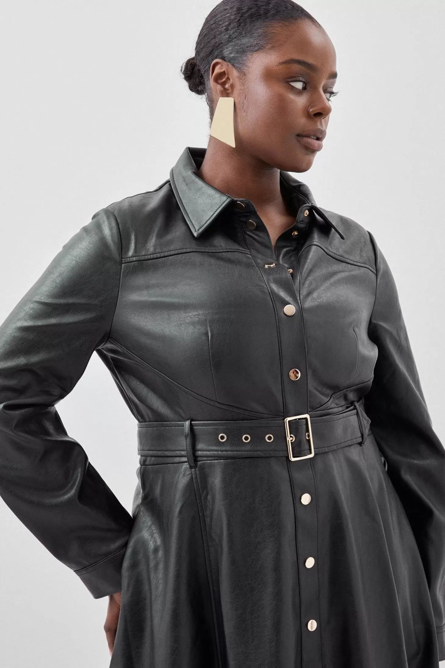 Karen Millen Plus Size Faux Leather Long Sleeved Belted Midi Shirt Dress