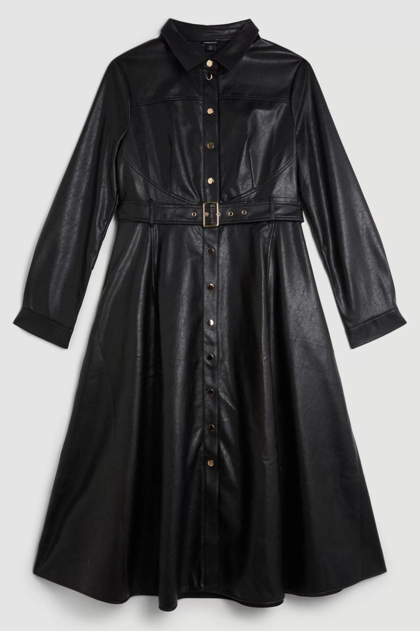 Karen Millen Plus Size Faux Leather Long Sleeved Belted Midi Shirt Dress