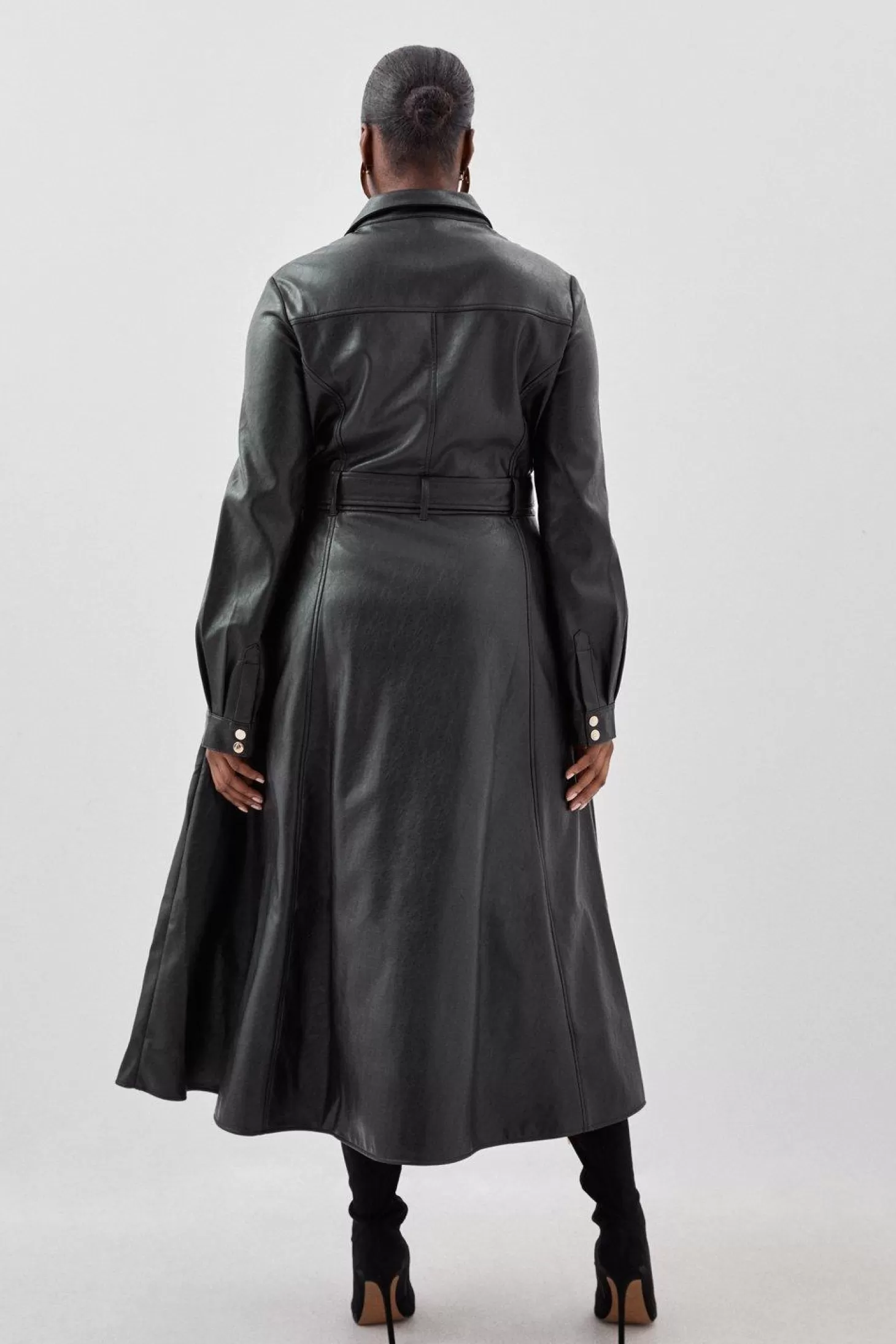 Karen Millen Plus Size Faux Leather Long Sleeved Belted Midi Shirt Dress