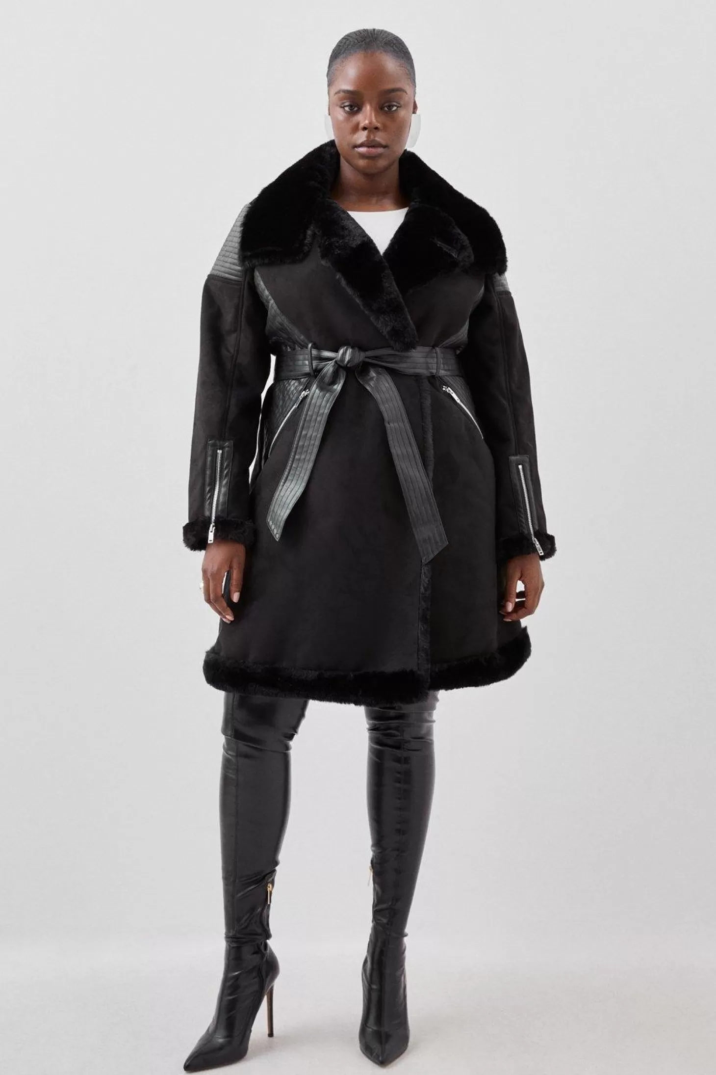 Karen Millen Plus Size Faux Shearling Biker Longline Belted Coat