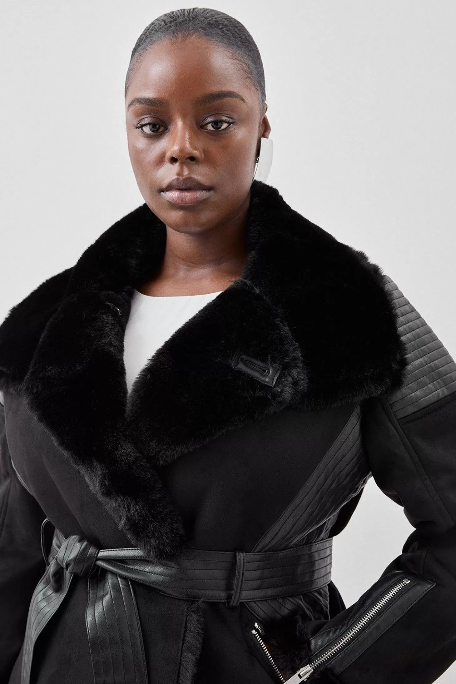 Karen Millen Plus Size Faux Shearling Biker Longline Belted Coat