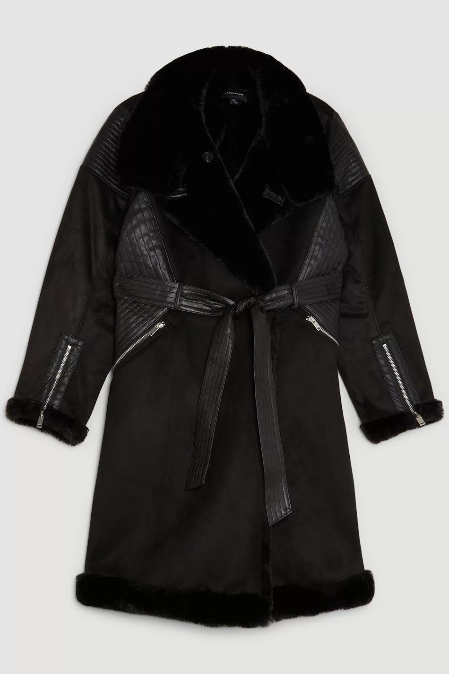 Karen Millen Plus Size Faux Shearling Biker Longline Belted Coat