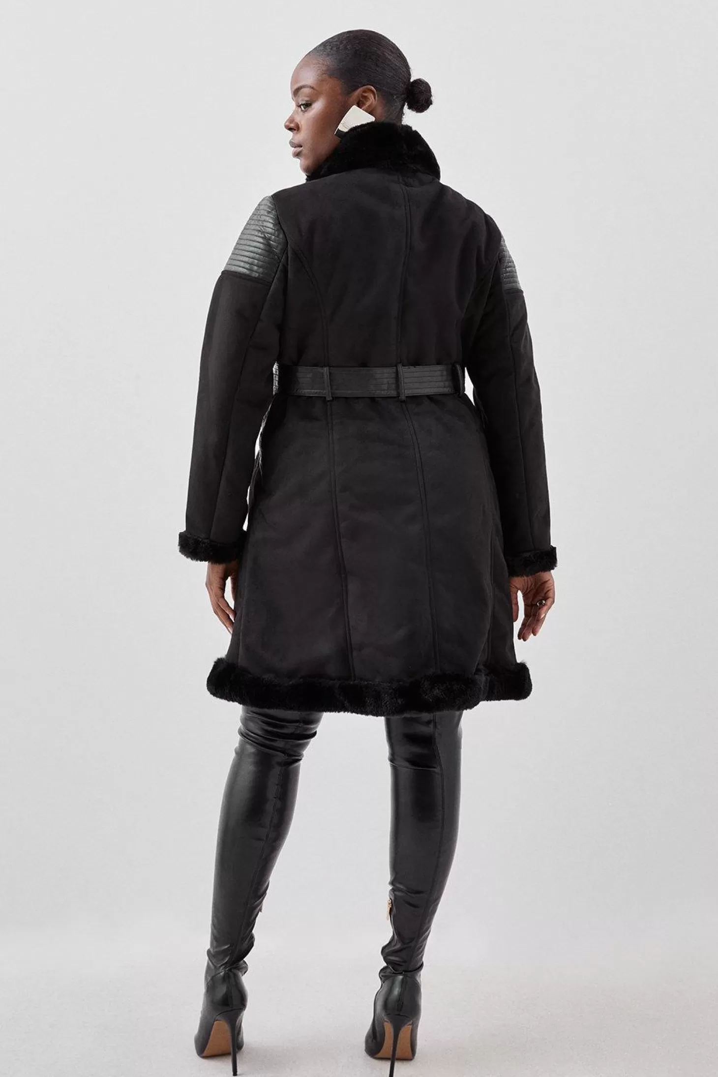 Karen Millen Plus Size Faux Shearling Biker Longline Belted Coat