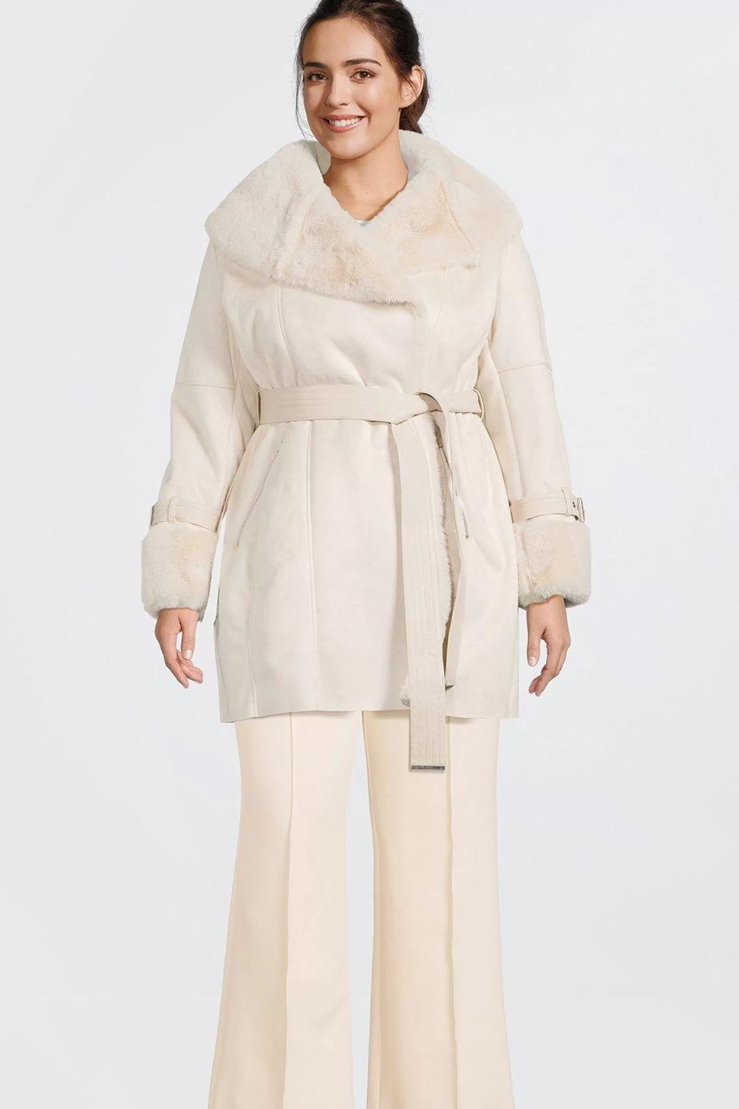 Karen Millen Plus Size Faux Shearling Collar & Cuff Belted Short Coat