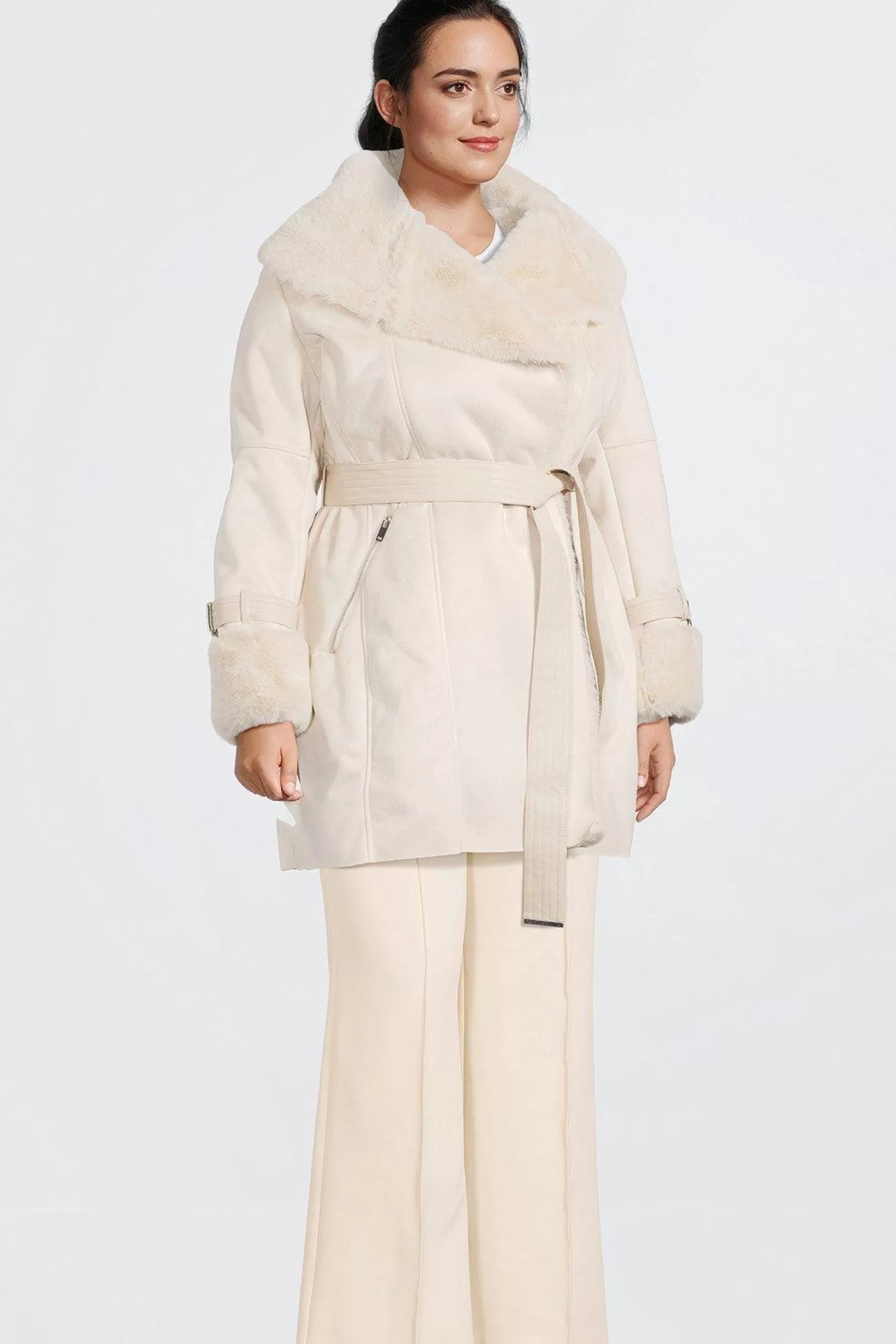 Karen Millen Plus Size Faux Shearling Collar & Cuff Belted Short Coat