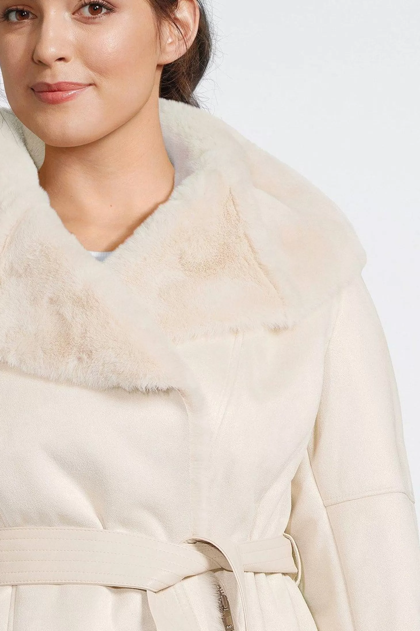 Karen Millen Plus Size Faux Shearling Collar & Cuff Belted Short Coat