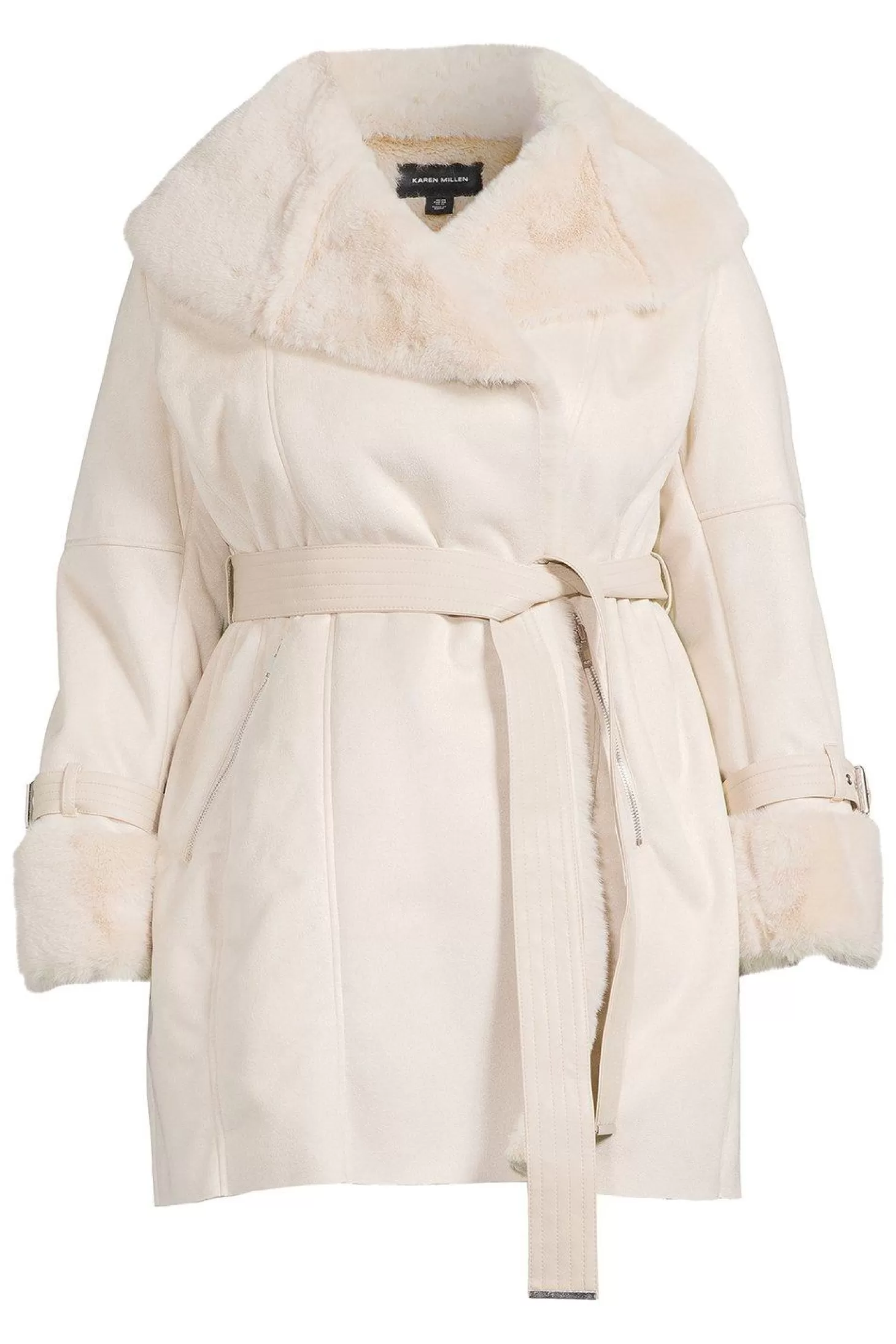 Karen Millen Plus Size Faux Shearling Collar & Cuff Belted Short Coat