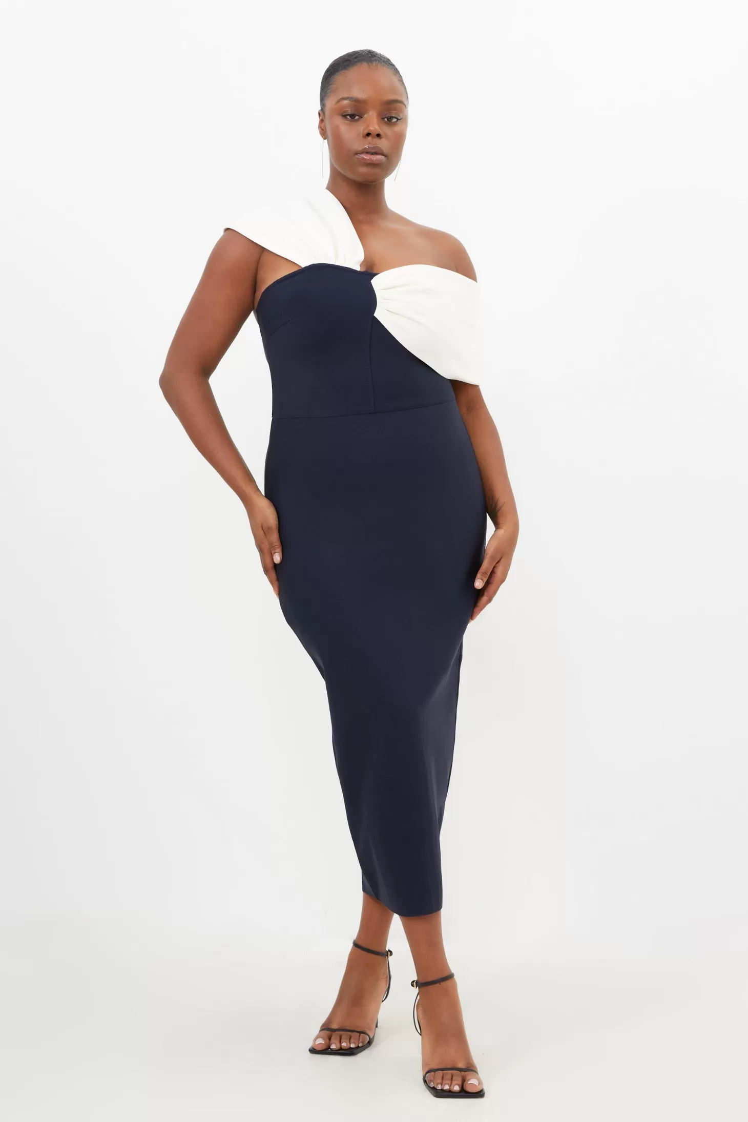Karen Millen Plus Size Figure Form Bandage Knit Asymmetric Strap Midi Dress