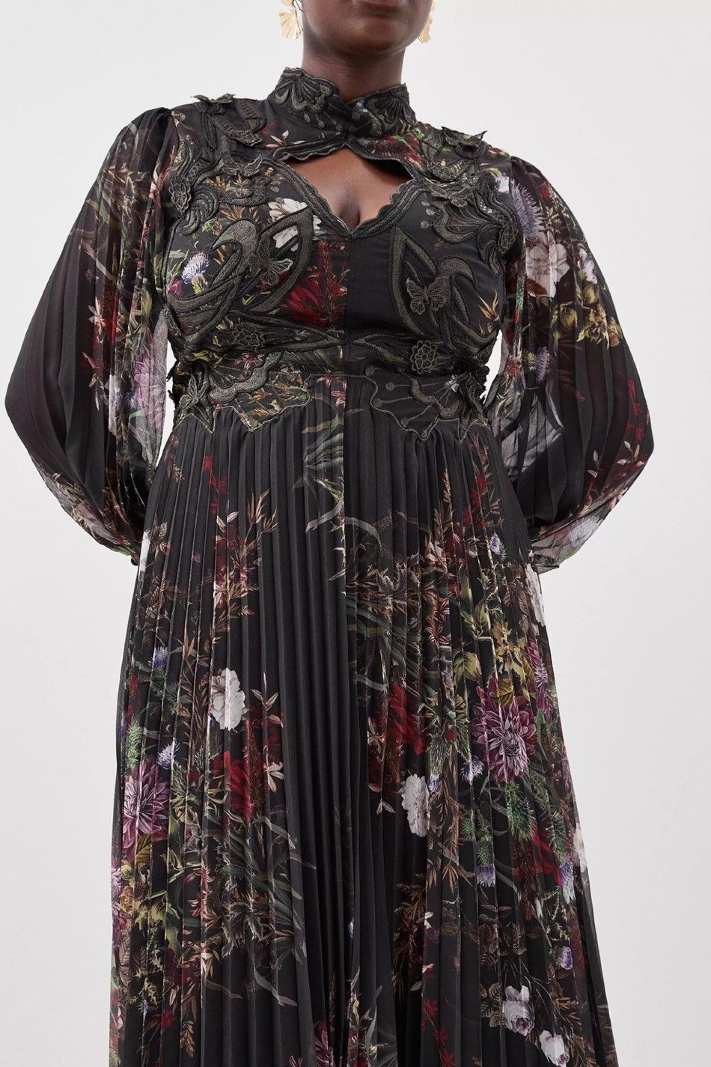 Karen Millen Plus Size Floral Applique Pleated Maxi Dress