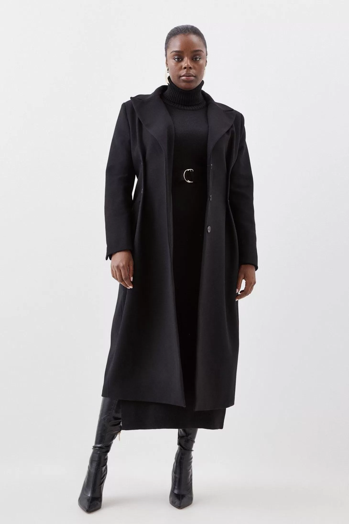 Karen Millen Plus Size Italian Manteco Wool Button Waist Detail Tailored Coat