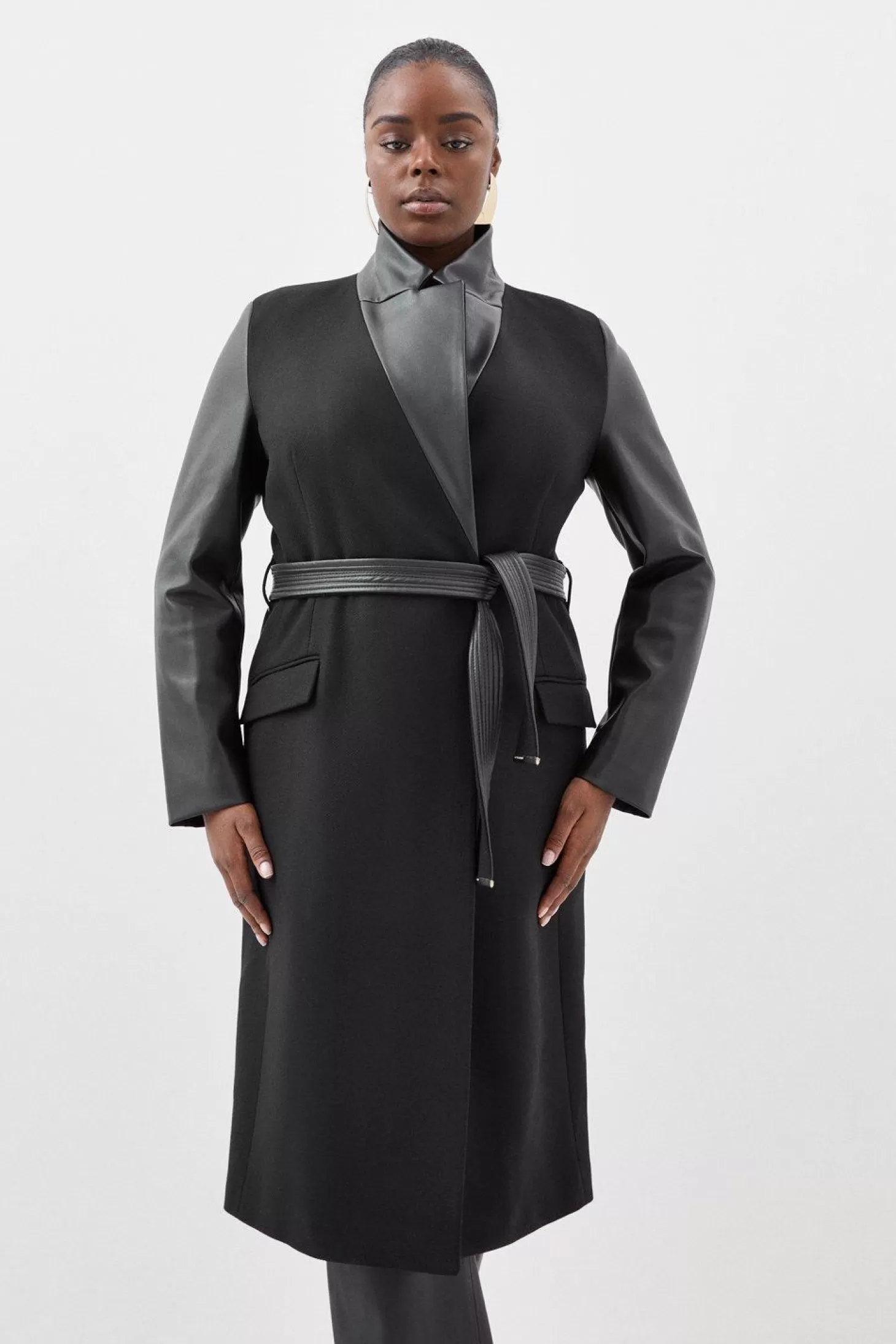 Karen Millen Plus Size Italian Manteco Wool Pu Contrast Detail Belted Coat