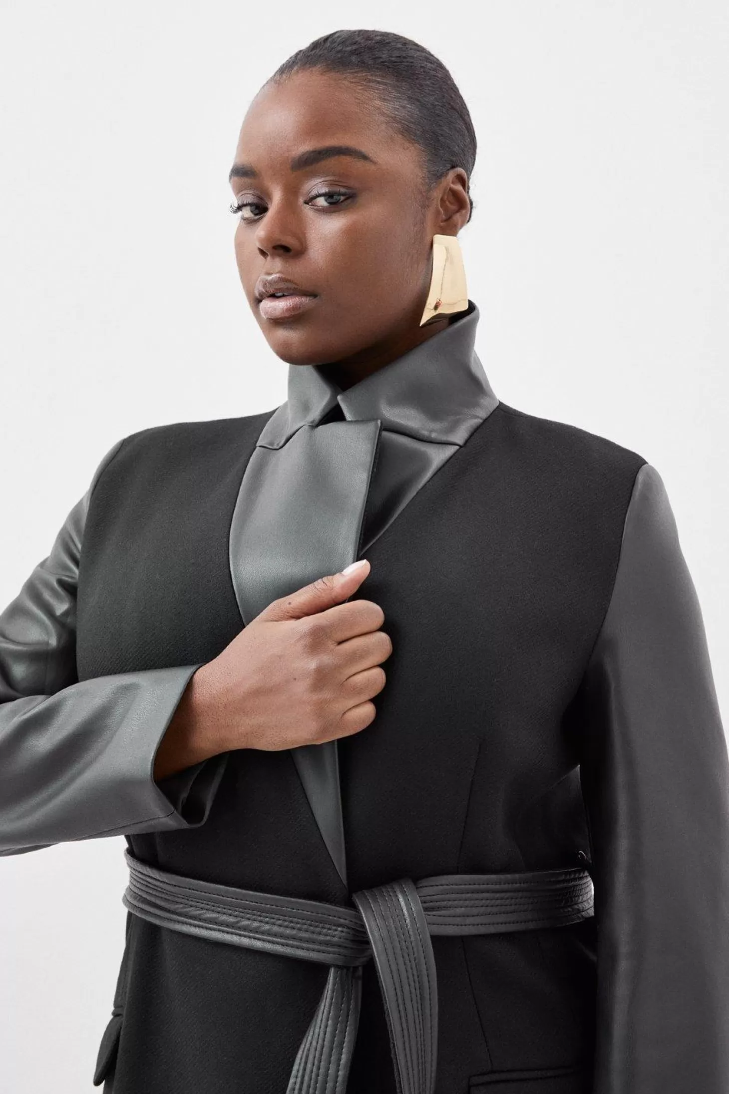 Karen Millen Plus Size Italian Manteco Wool Pu Contrast Detail Belted Coat