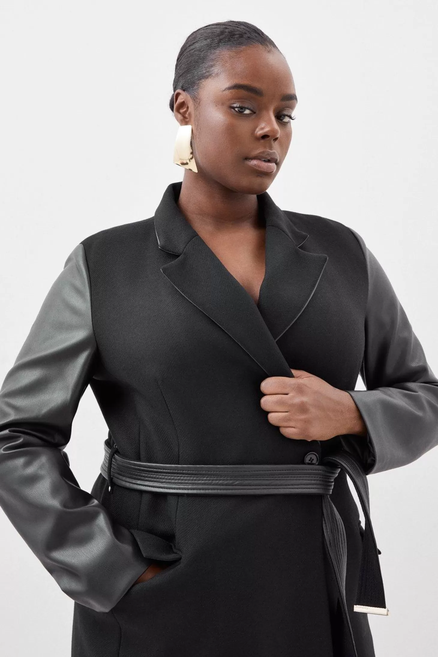 Karen Millen Plus Size Italian Manteco Wool Pu Contrast Detail Belted Coat