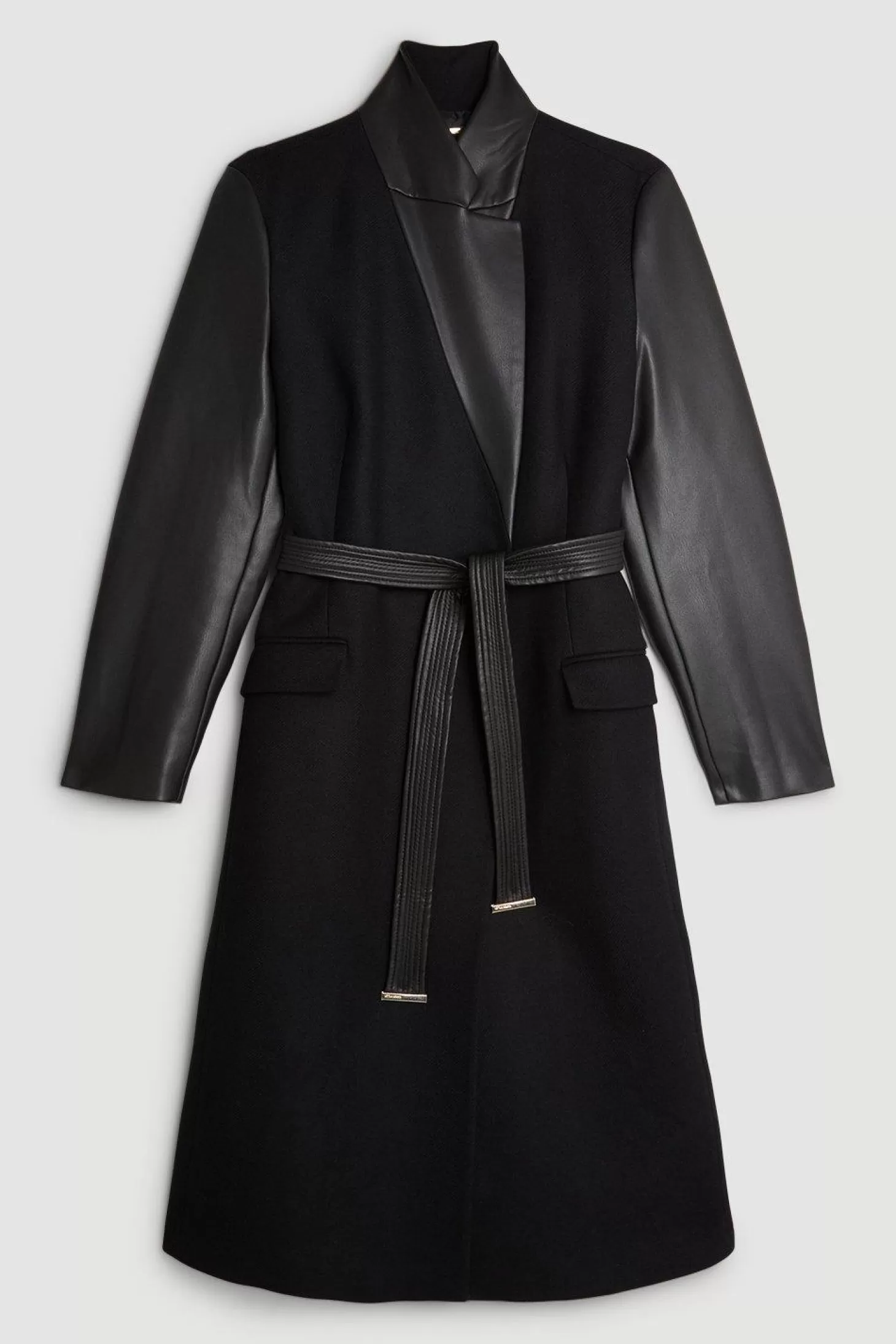 Karen Millen Plus Size Italian Manteco Wool Pu Contrast Detail Belted Coat