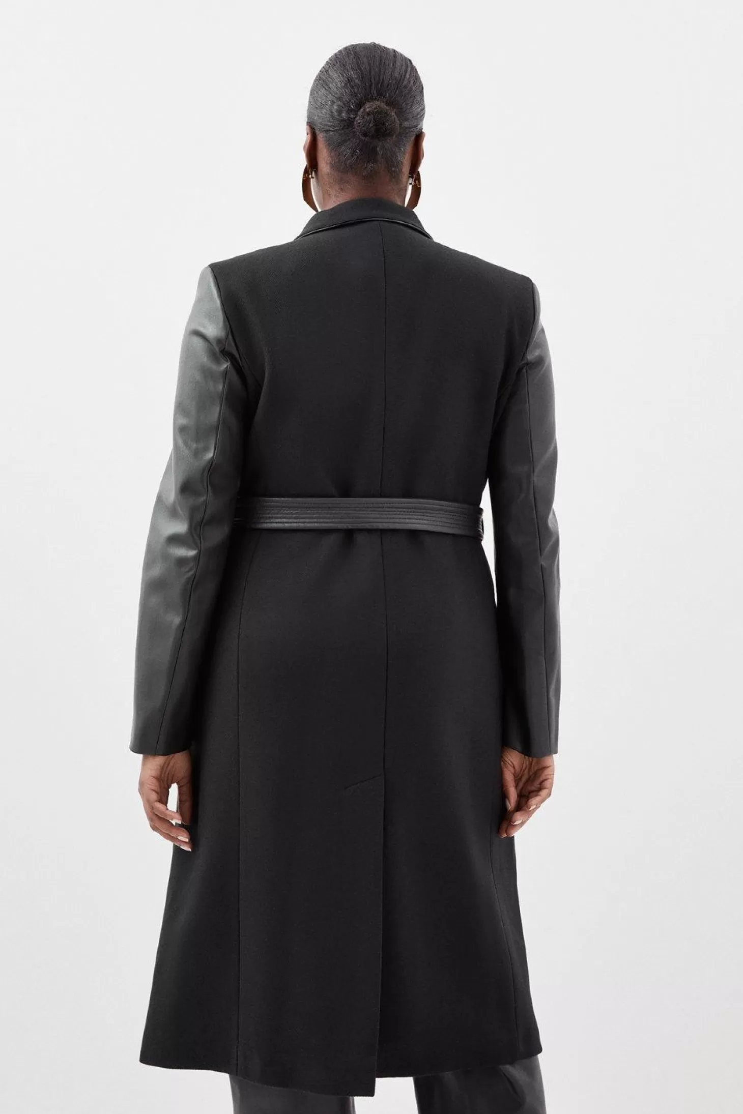 Karen Millen Plus Size Italian Manteco Wool Pu Contrast Detail Belted Coat