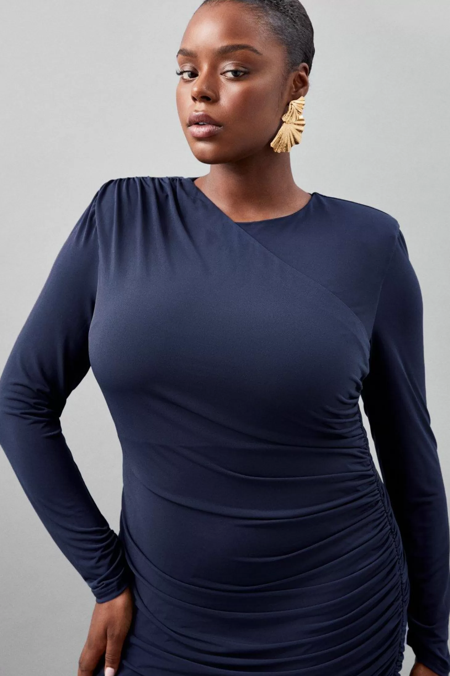 Karen Millen Plus Size Jersey Crepe Ruched Long Sleeve Maxi Dress