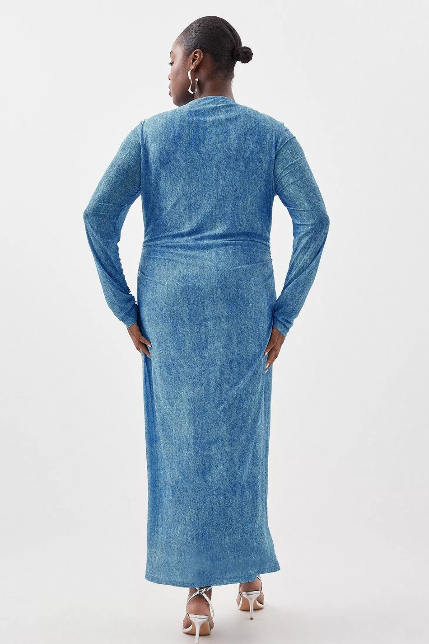 Karen Millen Plus Size Jersey Denim Print Long Sleeve Midi Dress