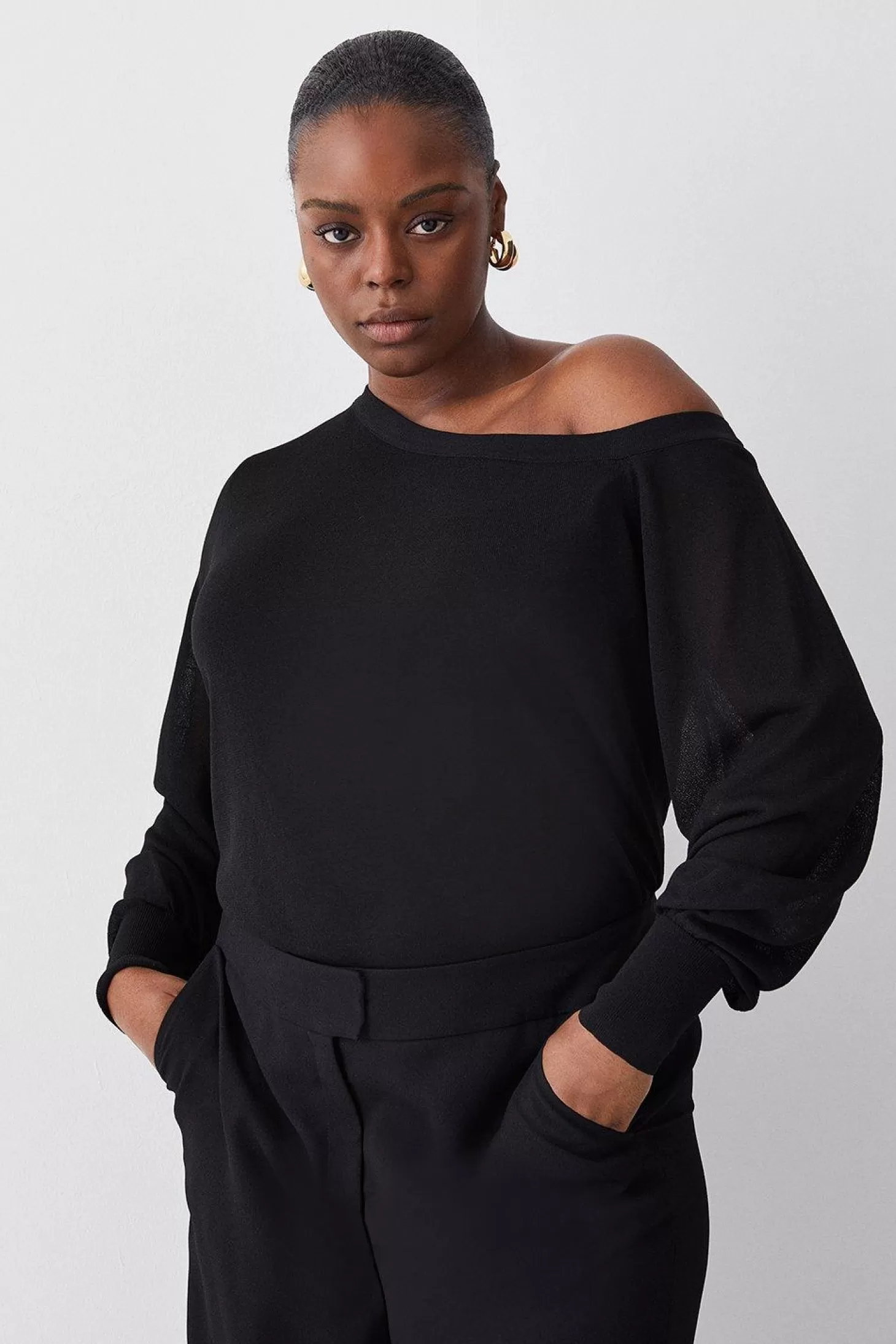 Karen Millen Plus Size Knitted Off The Shoulder Long Sleeve Sweater