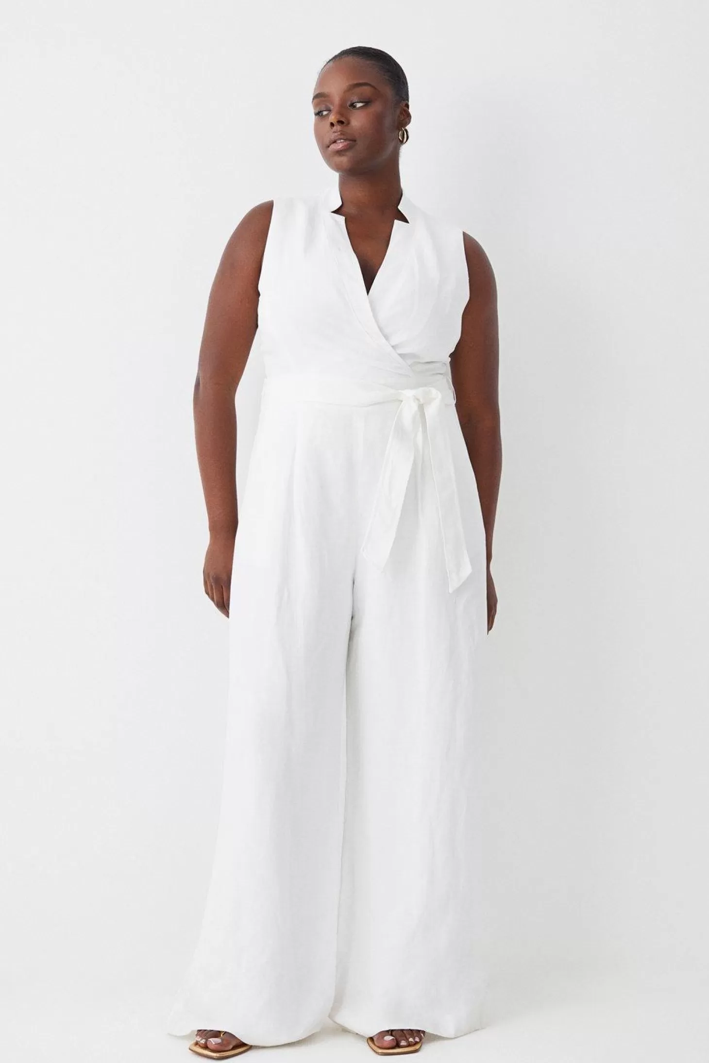 Karen Millen Plus Size Linen Notch Neck Belted Jumpsuit